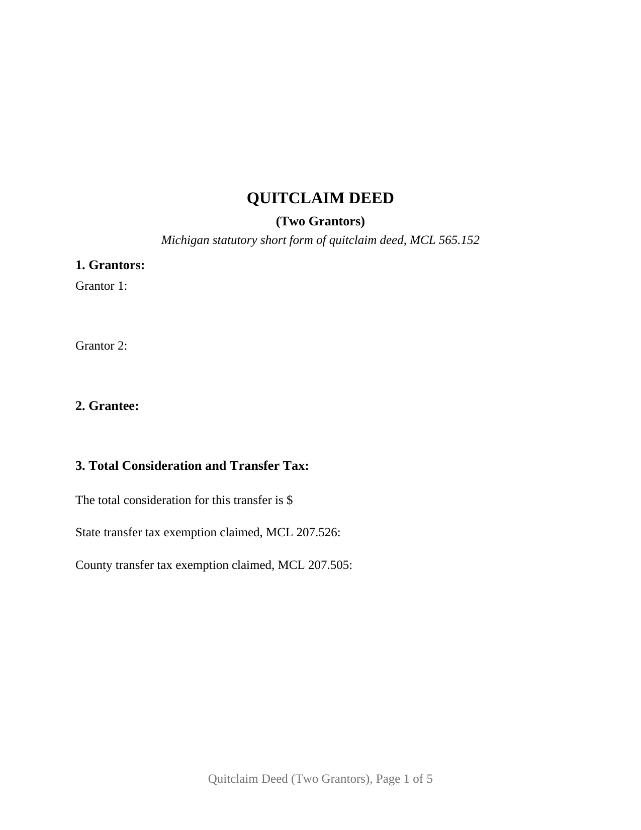 Michigan Quitclaim Deed (Two Grantors)