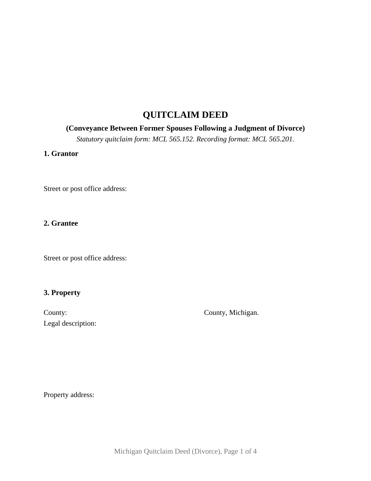 Michigan Quitclaim Deed (Divorce)