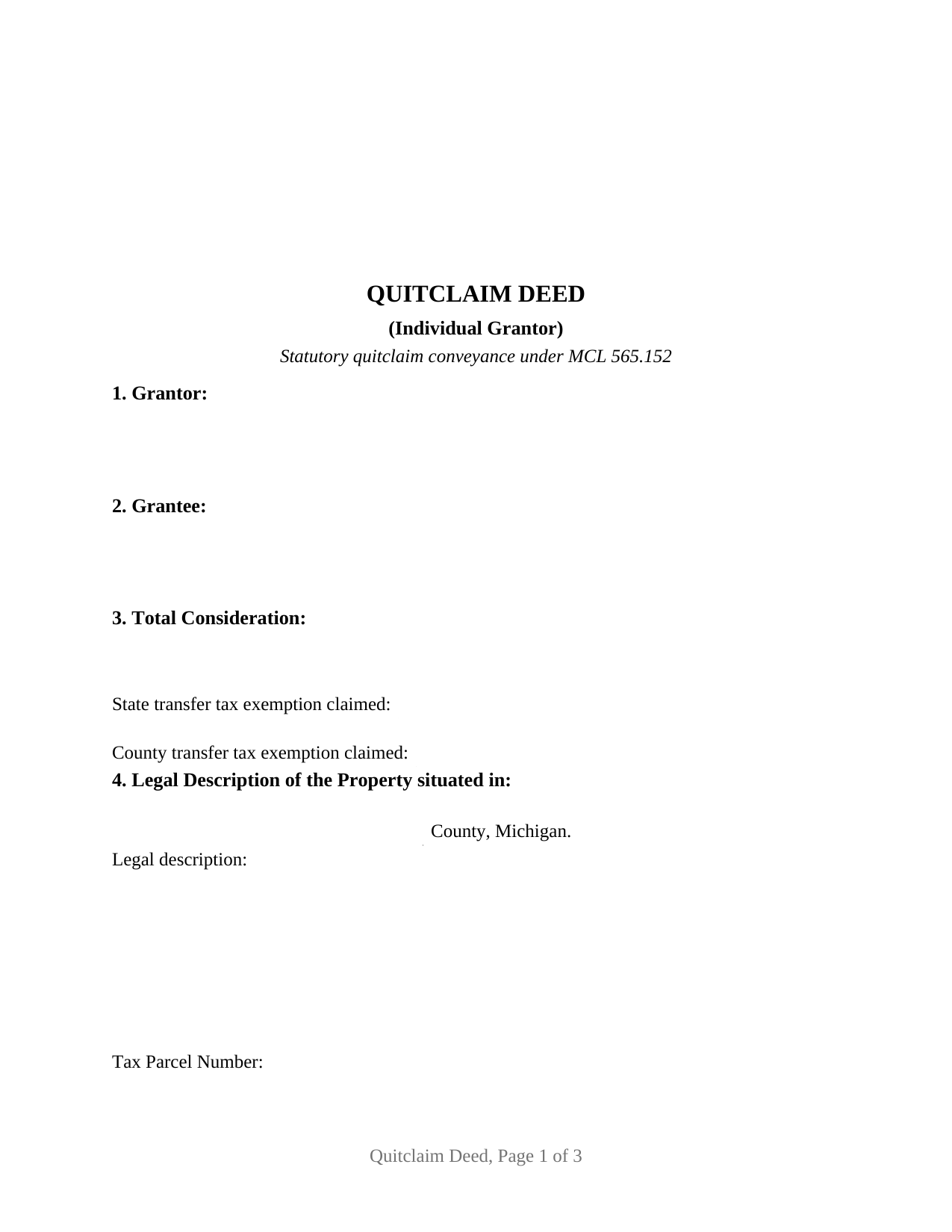 Michigan Quitclaim Deed (Individual Grantor)