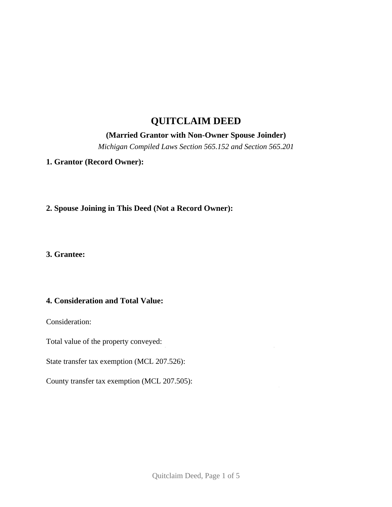 Michigan Quitclaim Deed (Married Grantor with Non-Owner Spouse Joinder)