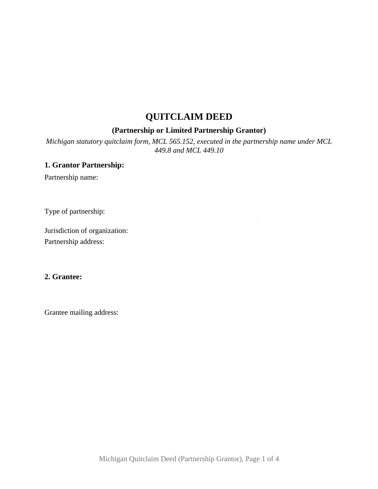 Michigan Quitclaim Deed (Partnership or Limited Partnership Grantor)