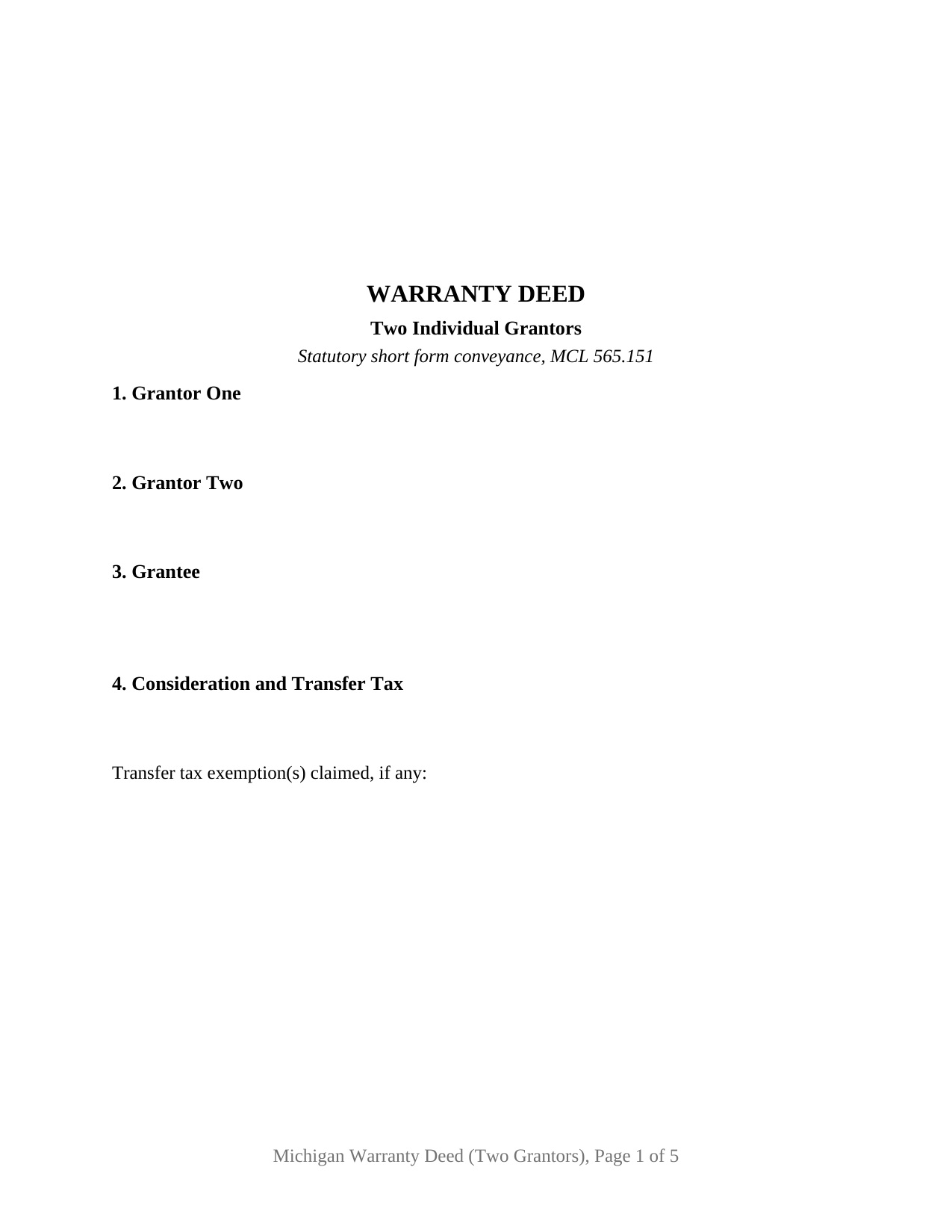 Michigan Warranty Deed (Two Grantors)