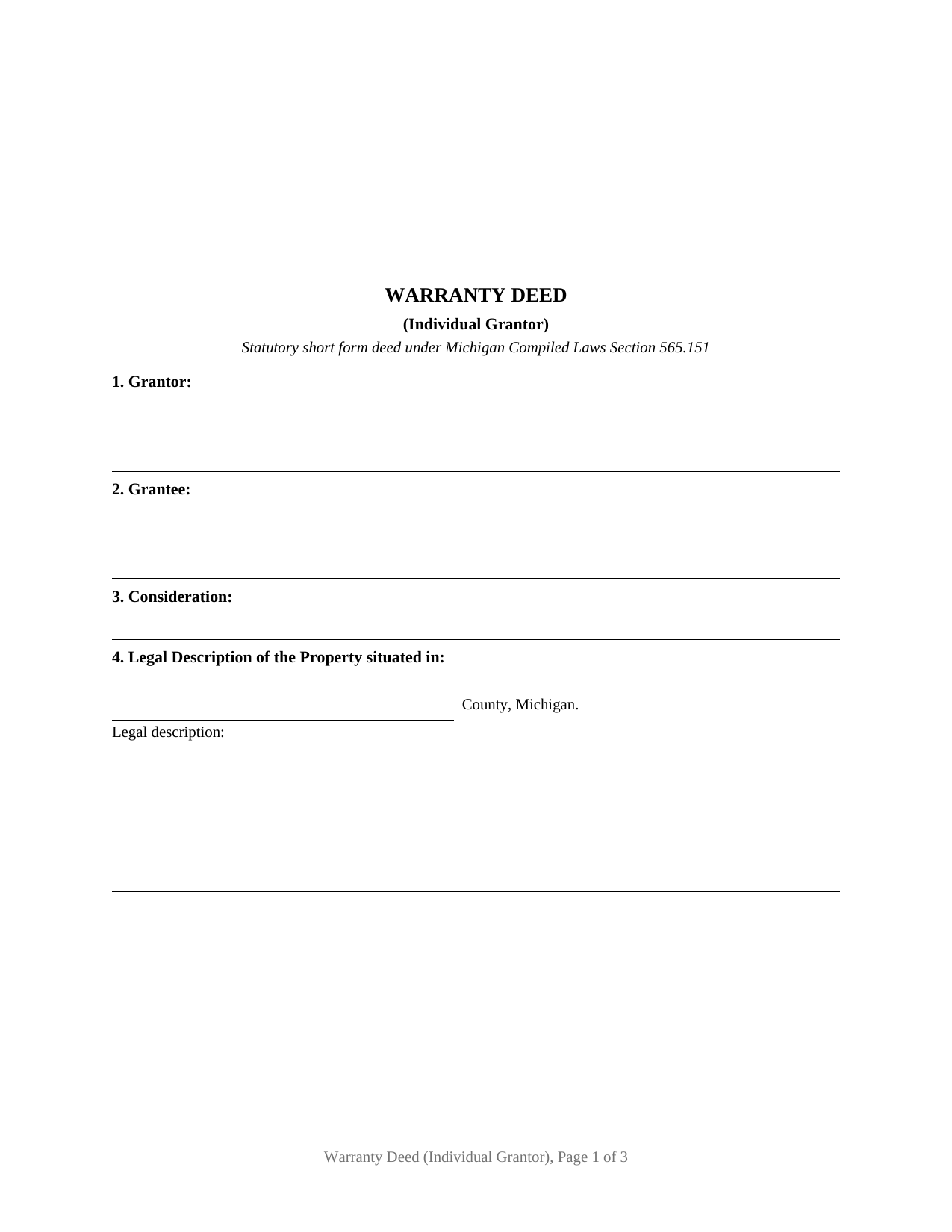 Michigan Warranty Deed (Individual Grantor)