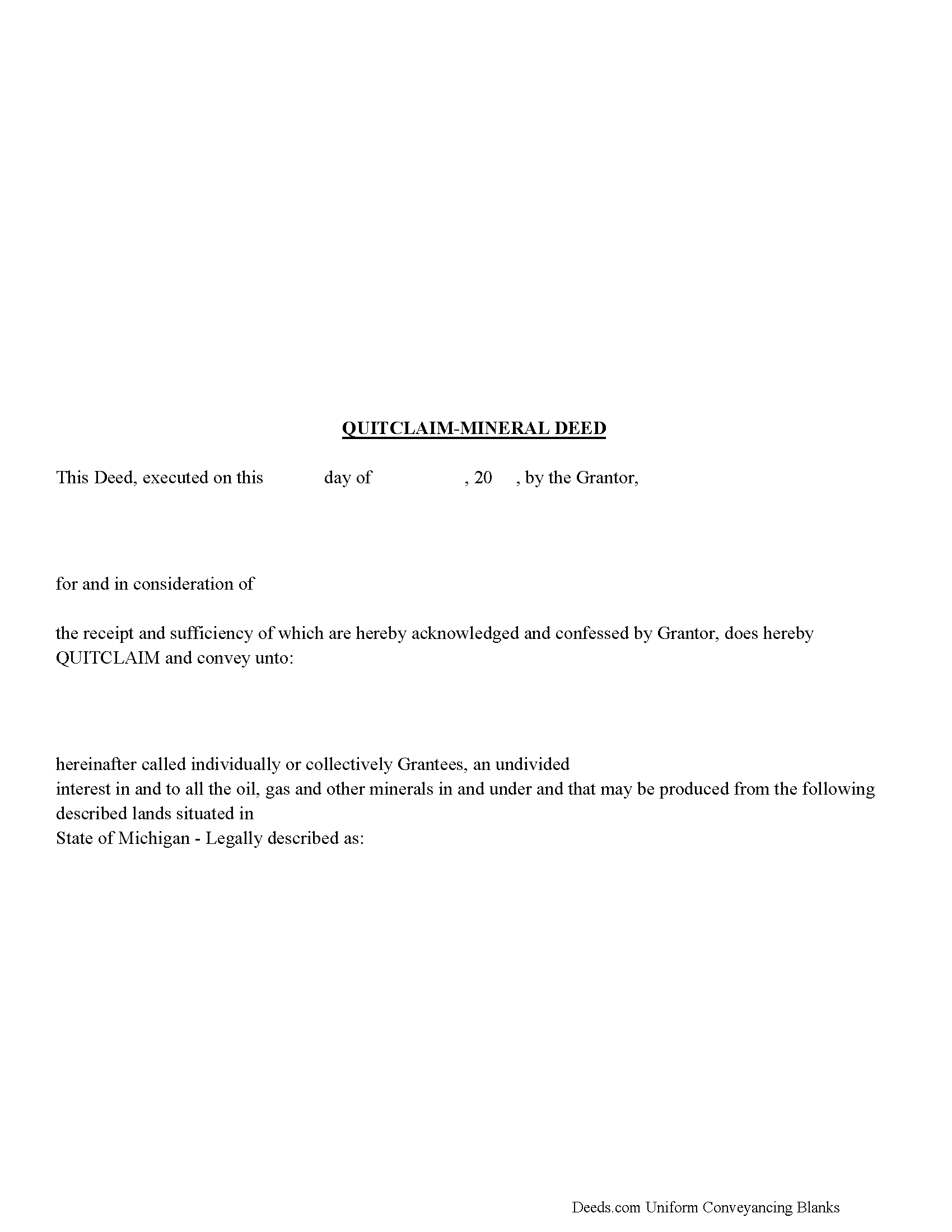 Newaygo County Mineral Deed with Quitclaim Covenants Form