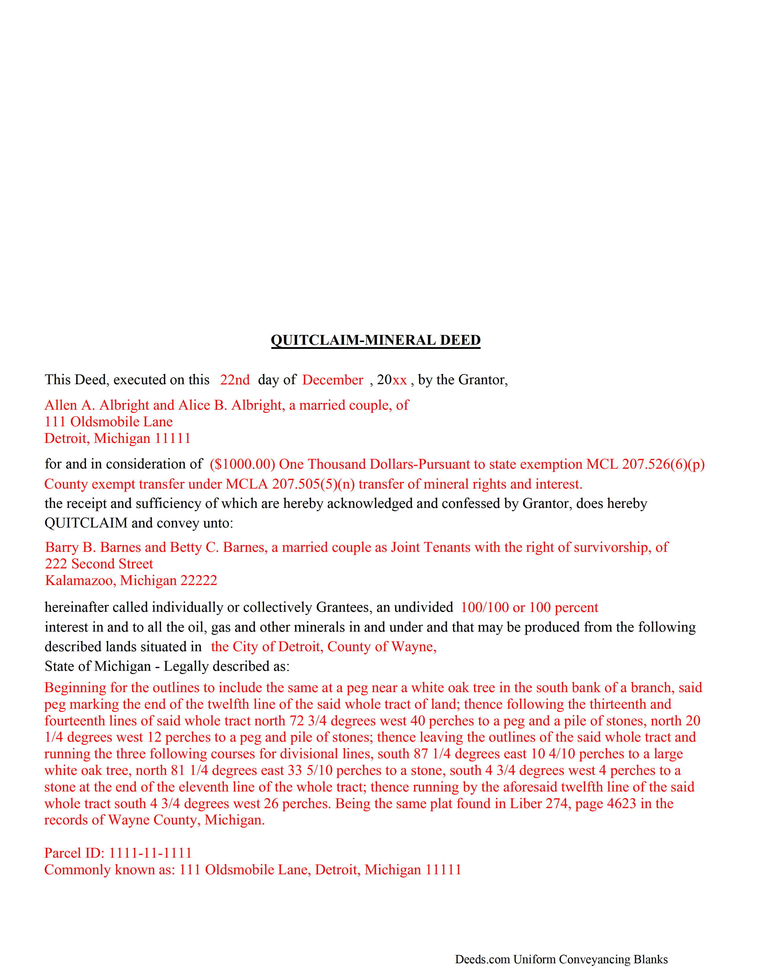Newaygo County Completed Example of the Mineral Deed with Quitclaim Covenants Document