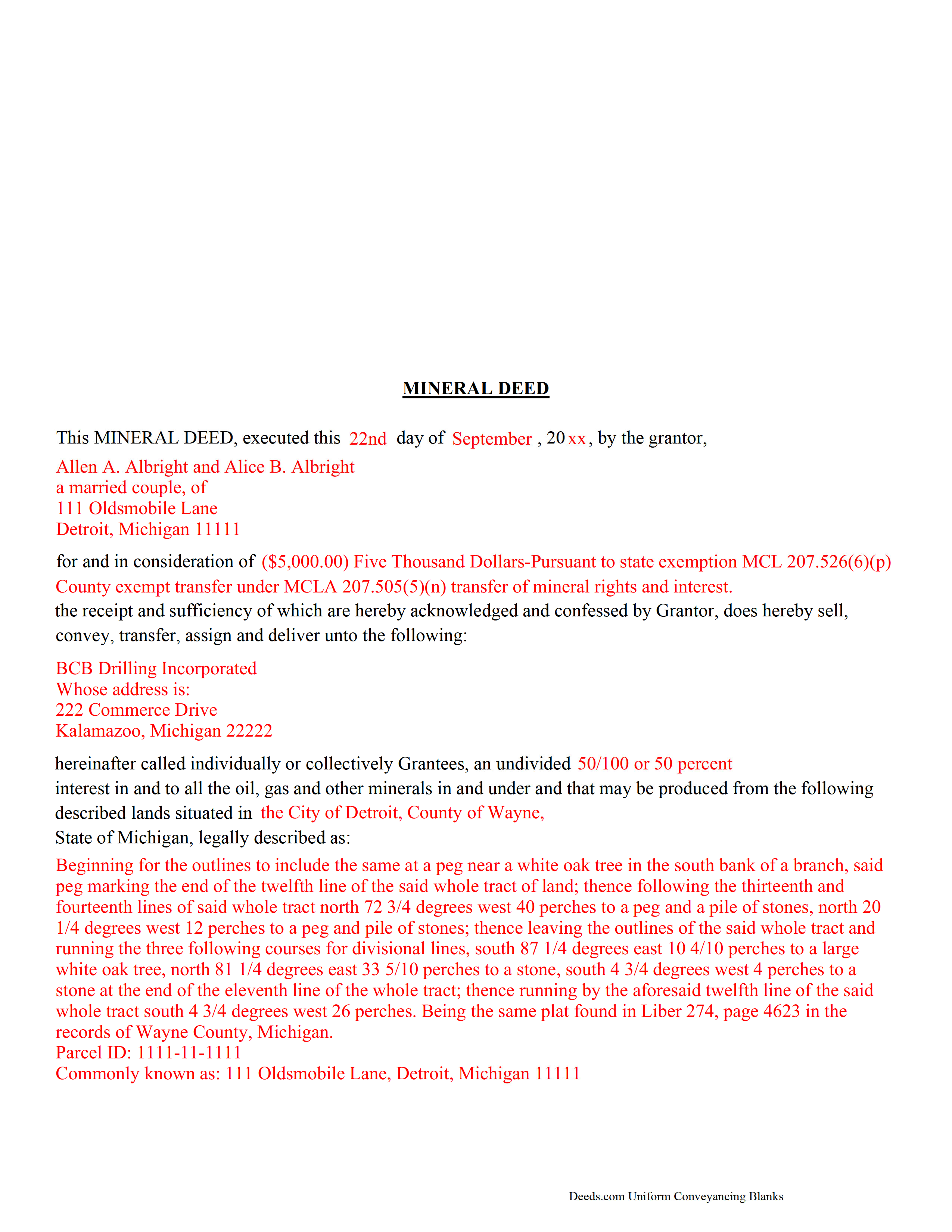 Newaygo County Completed Example of a Mineral Deed Document