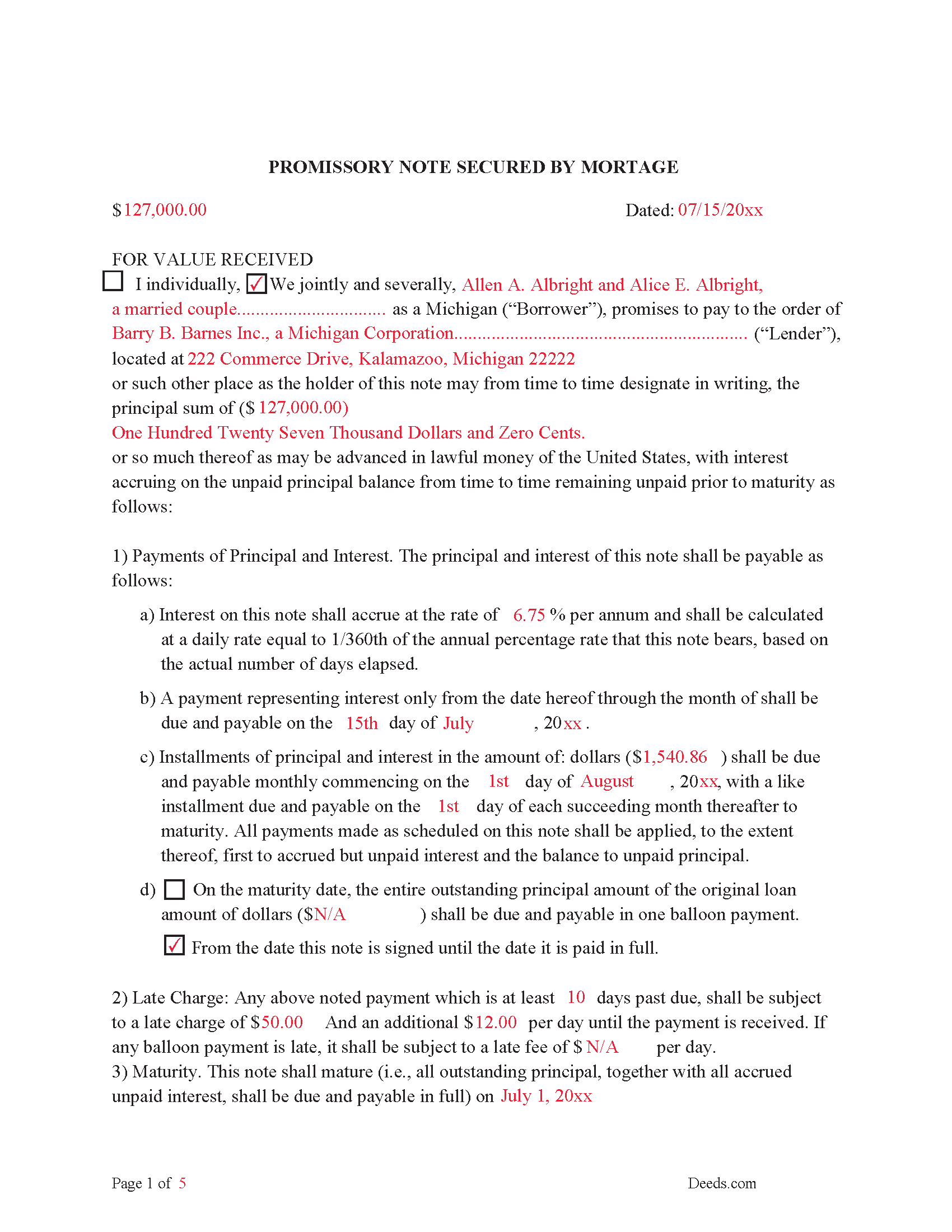 Newaygo County Completed Example of the Promissory Note Document