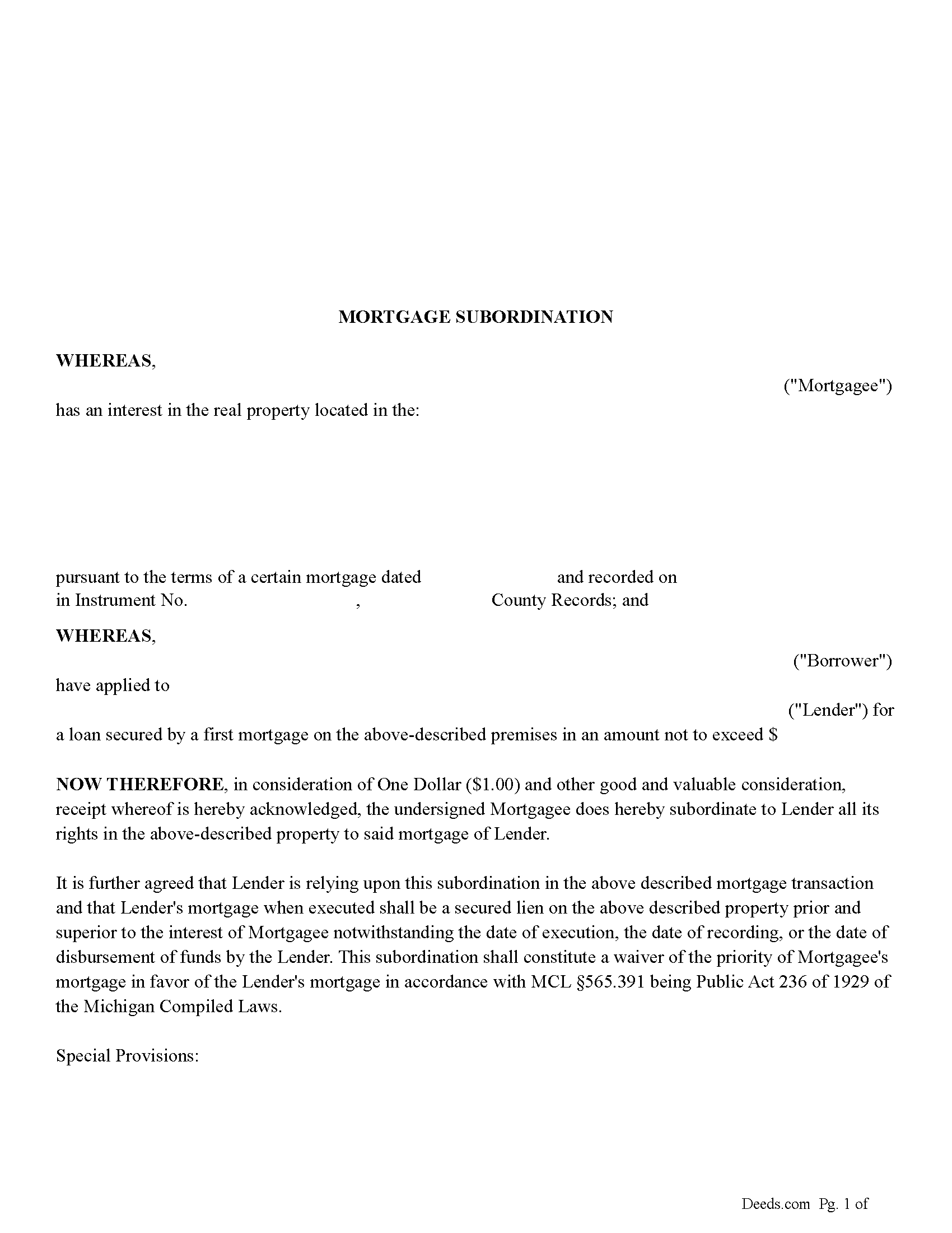 Newaygo County Mortgage Subordination Form