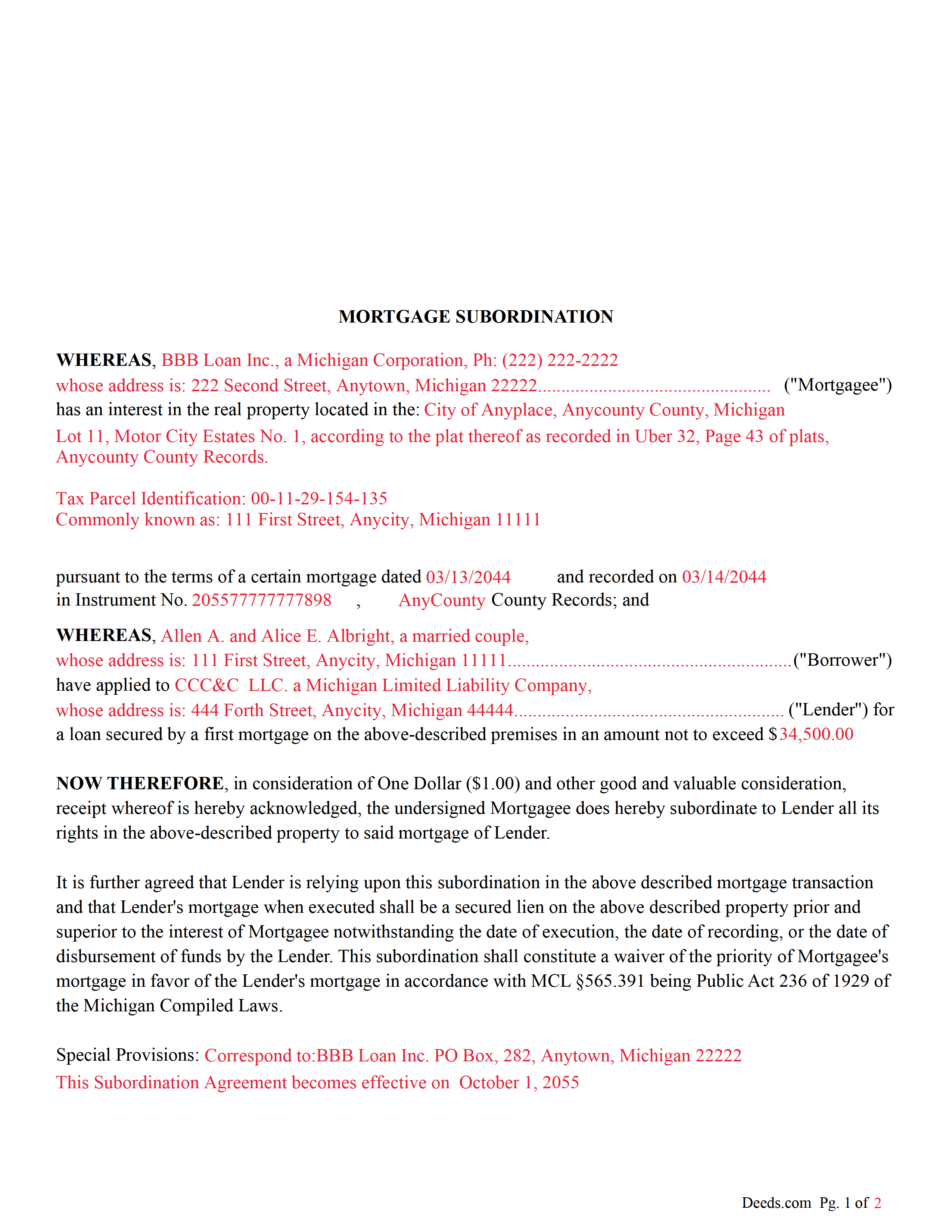 Completed Example of the Mortgage Subordination Document