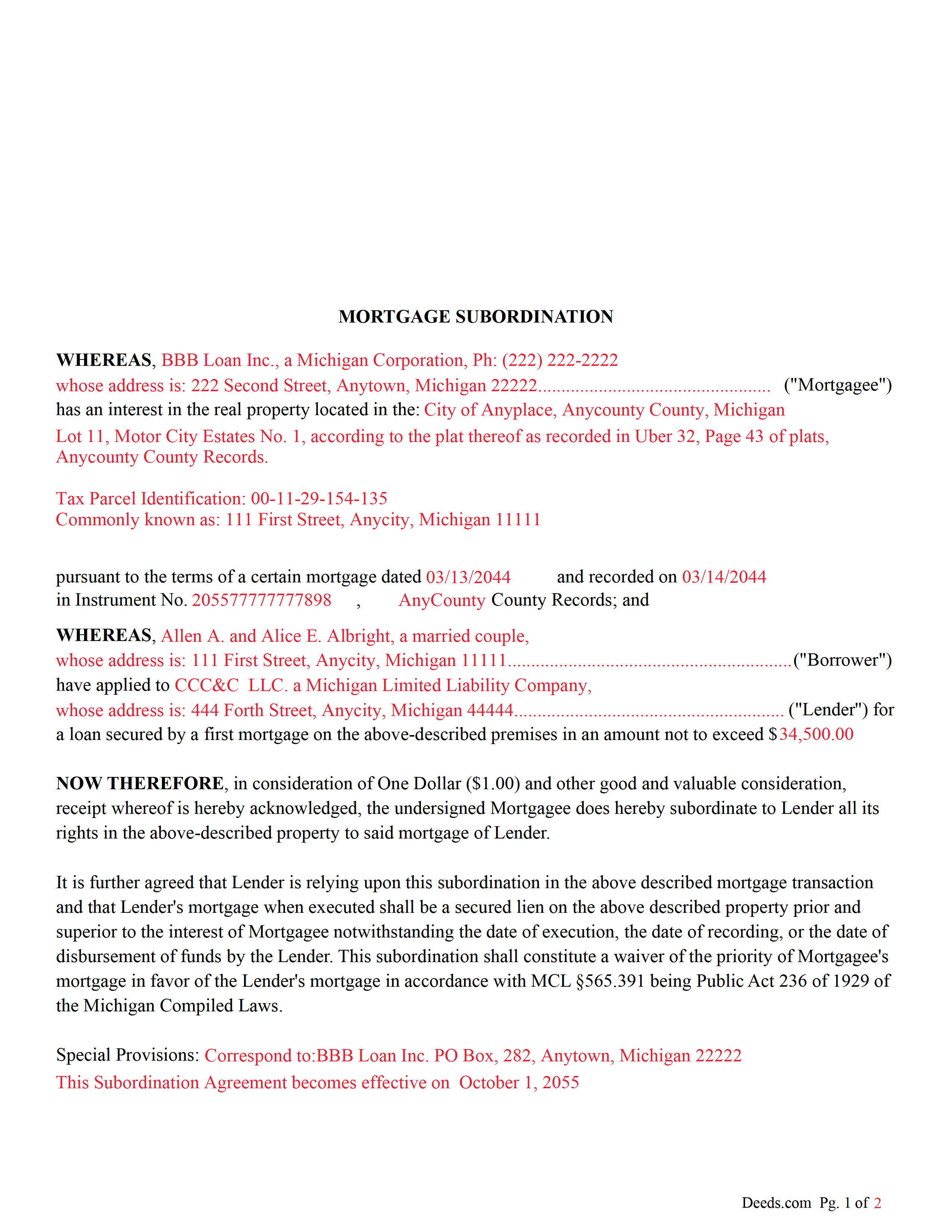 Newaygo County Completed Example of the Mortgage Subordination Document