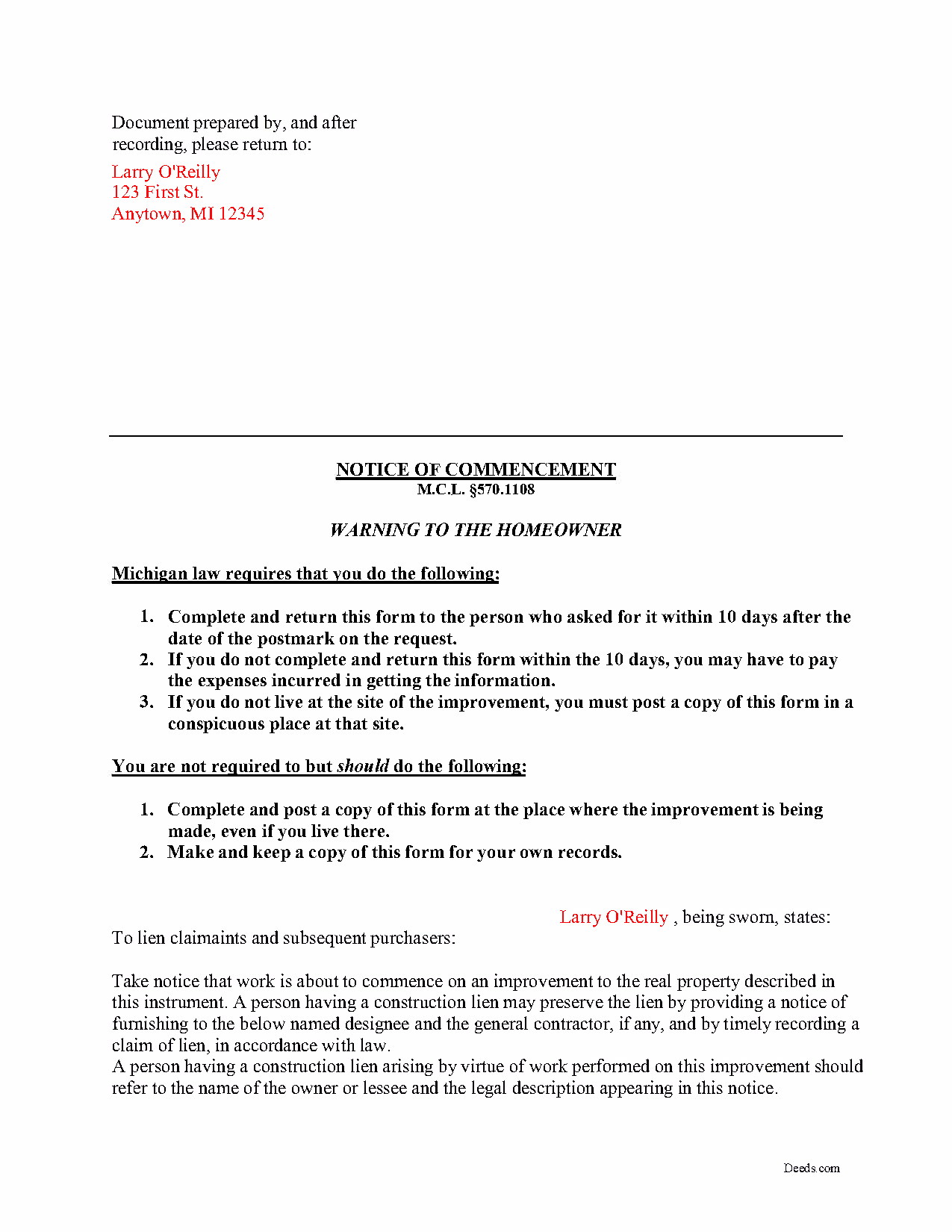Delta County Completed Example of the Notice of Commencement Form