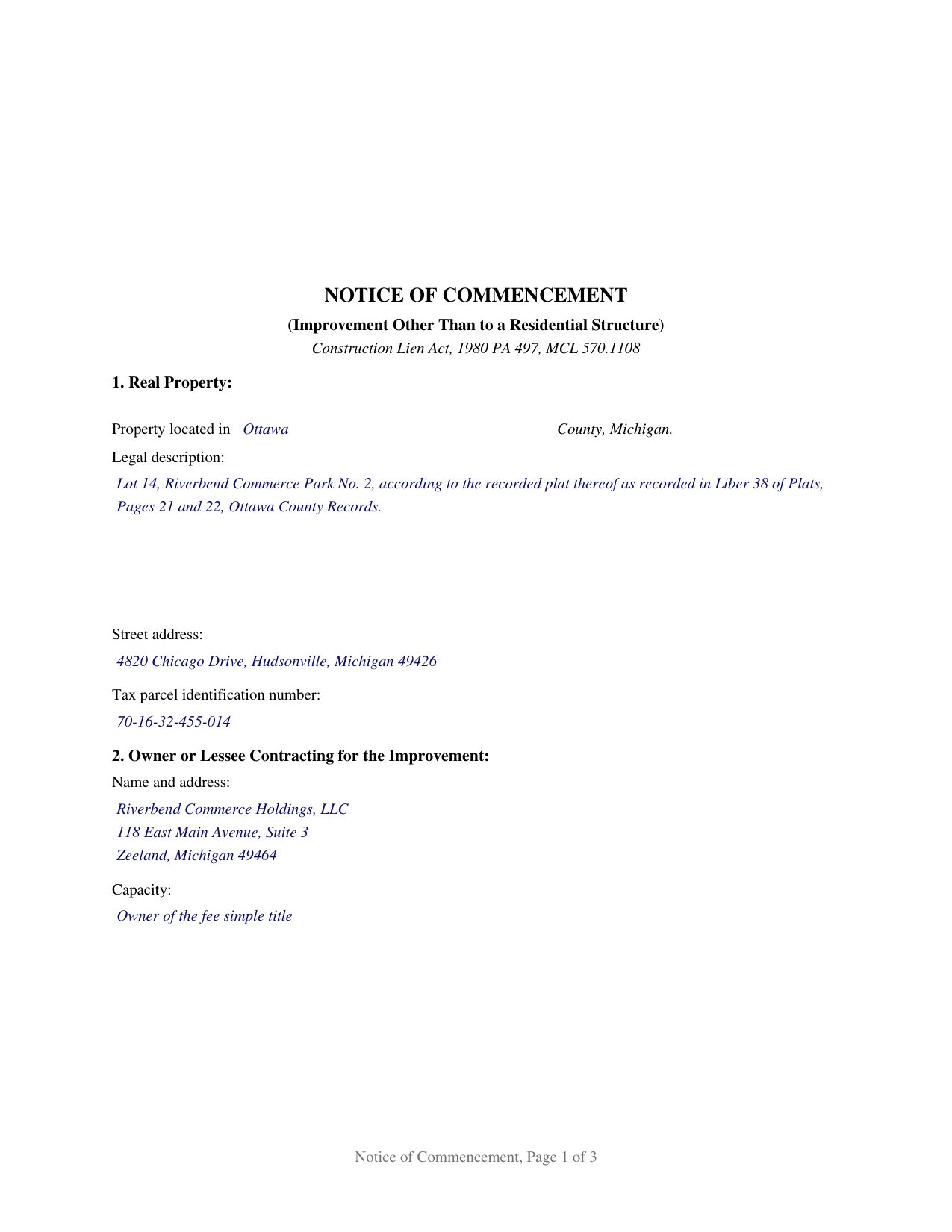 Lenawee County Completed Example of the Notice of Commencement Document