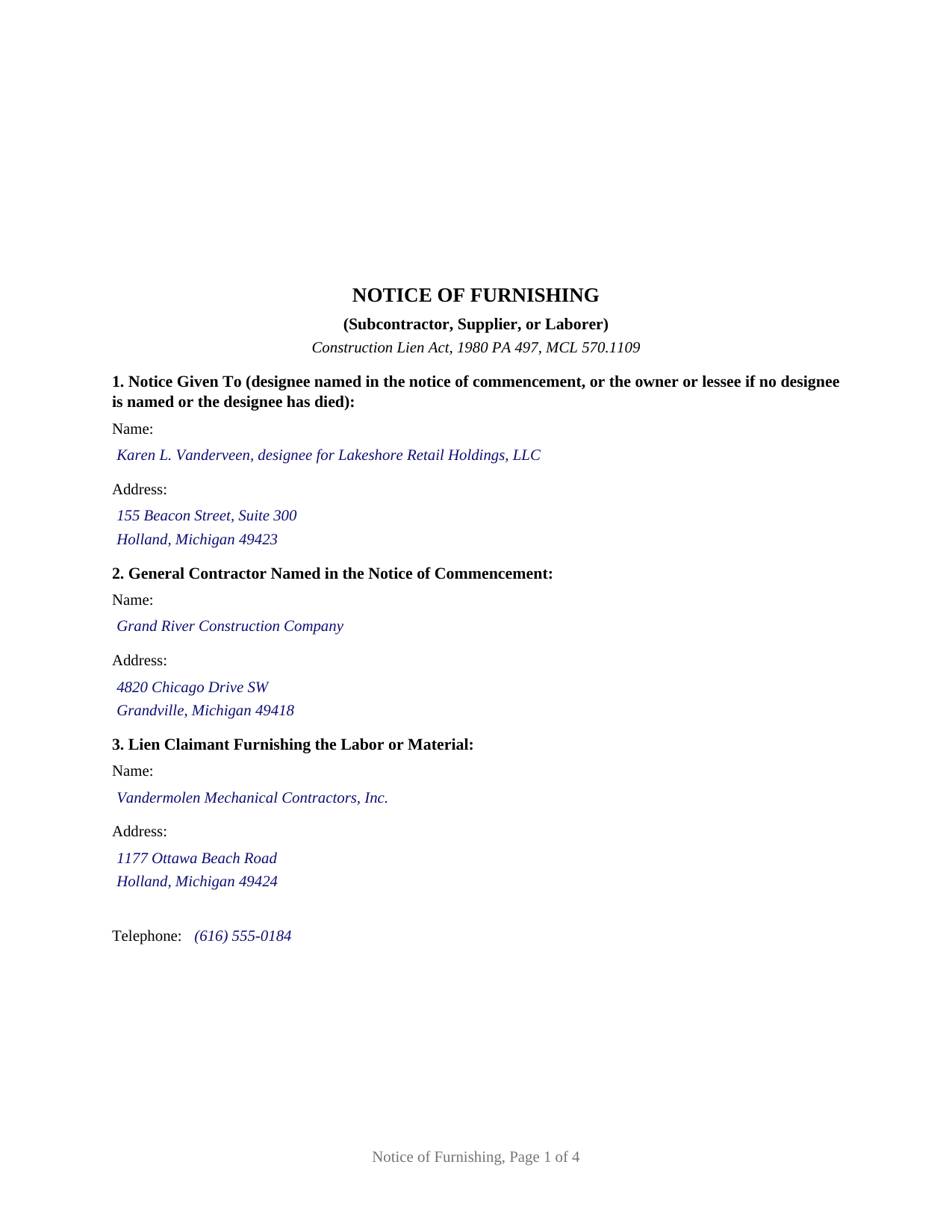 Lenawee County Completed Example of the Notice of Furnishing Document