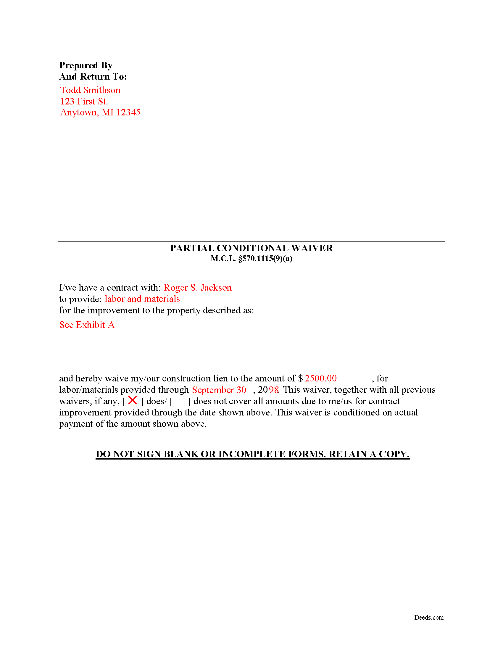 Newaygo County Completed Example of the Partial Conditional Waiver of Lien Document