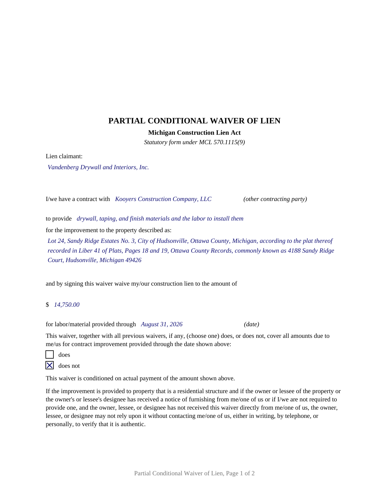 Shiawassee County Completed Example of the Partial Conditional Waiver of Lien Document