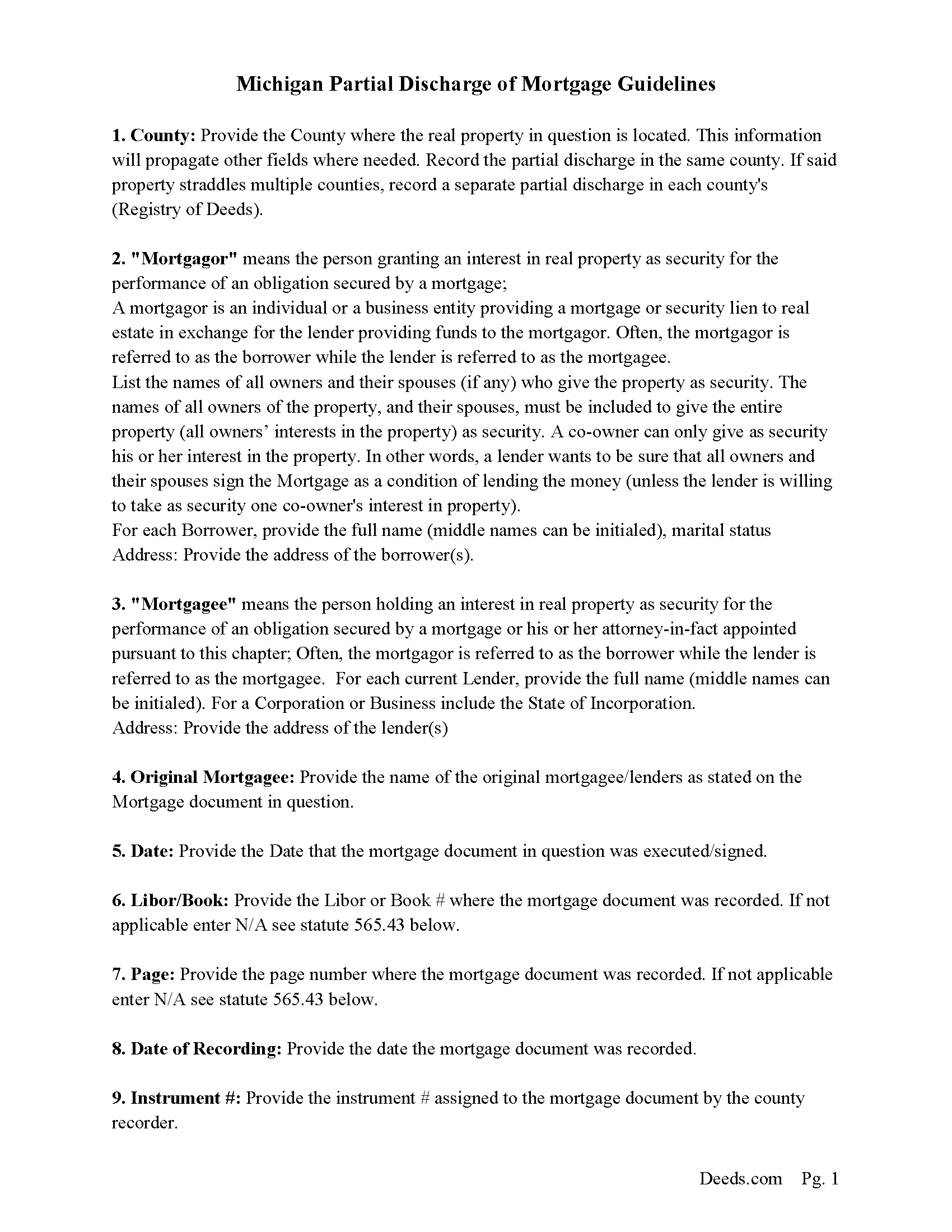 Newaygo County Guidelines for Partial Discharge of Mortgage