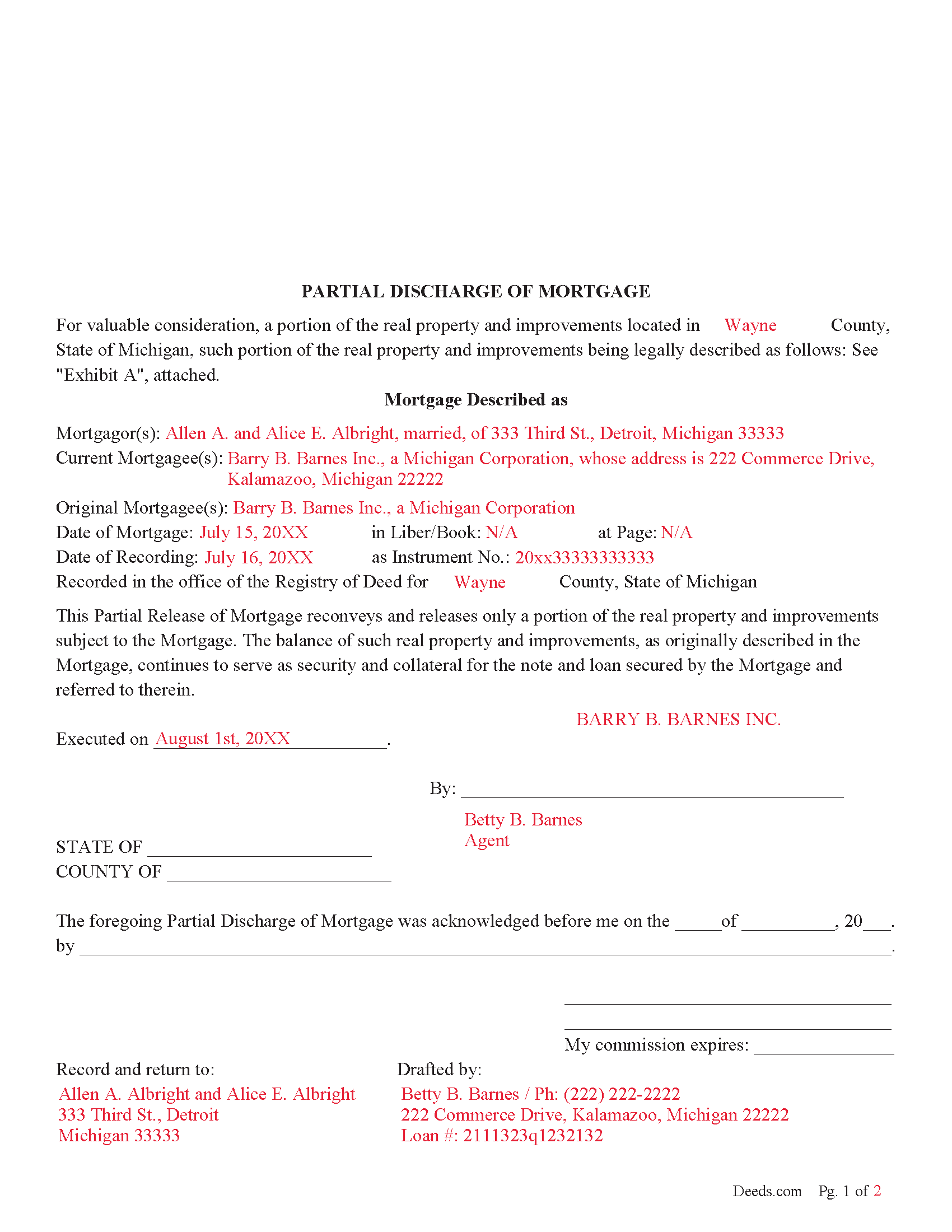 Completed Example of the Partial Discharge of Mortgage Document