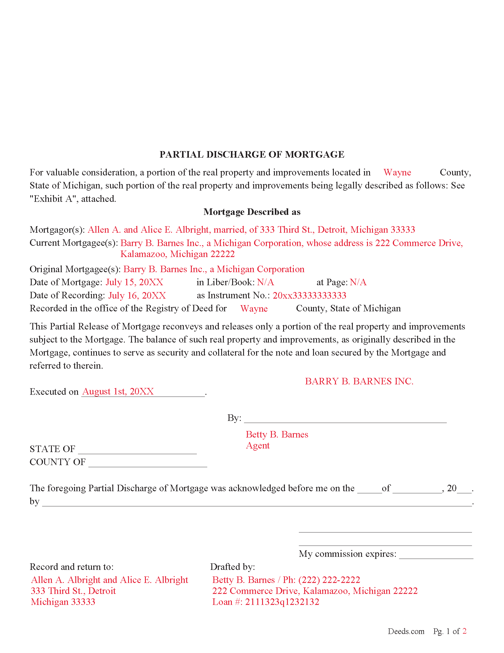 Newaygo County Completed Example of the Partial Discharge of Mortgage Document