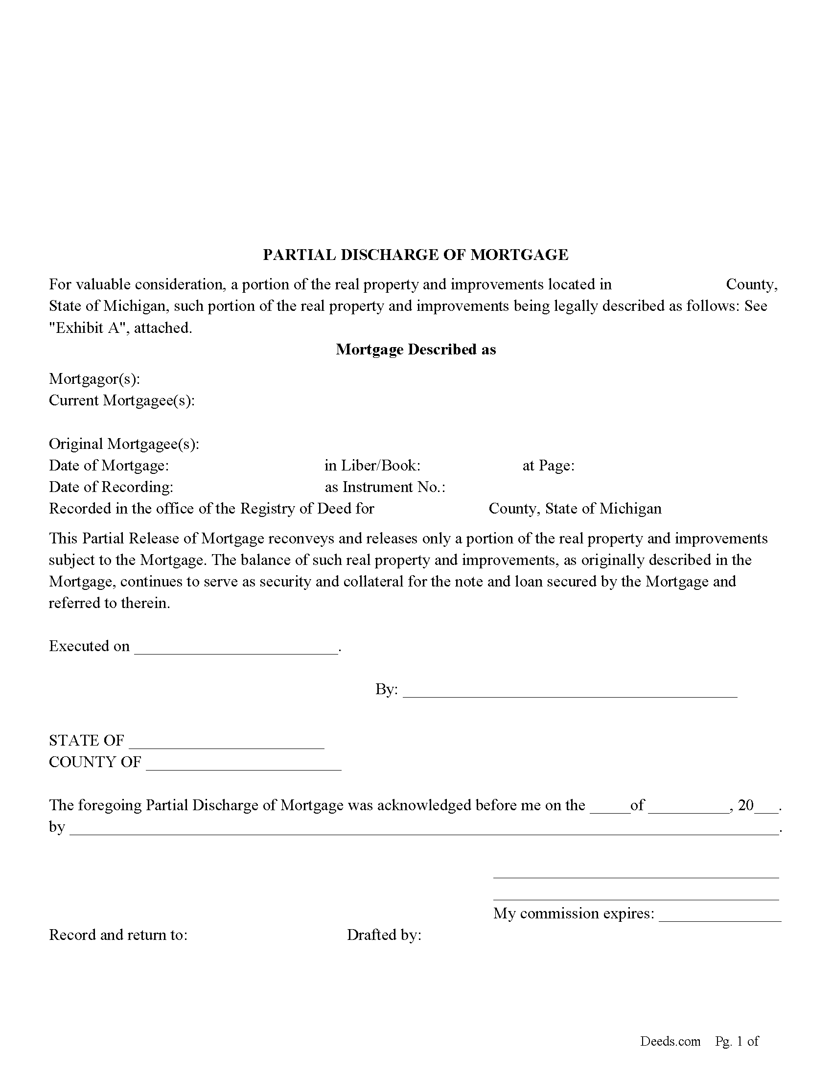 Grand Traverse County Partial Discharge of Mortgage Form Michigan