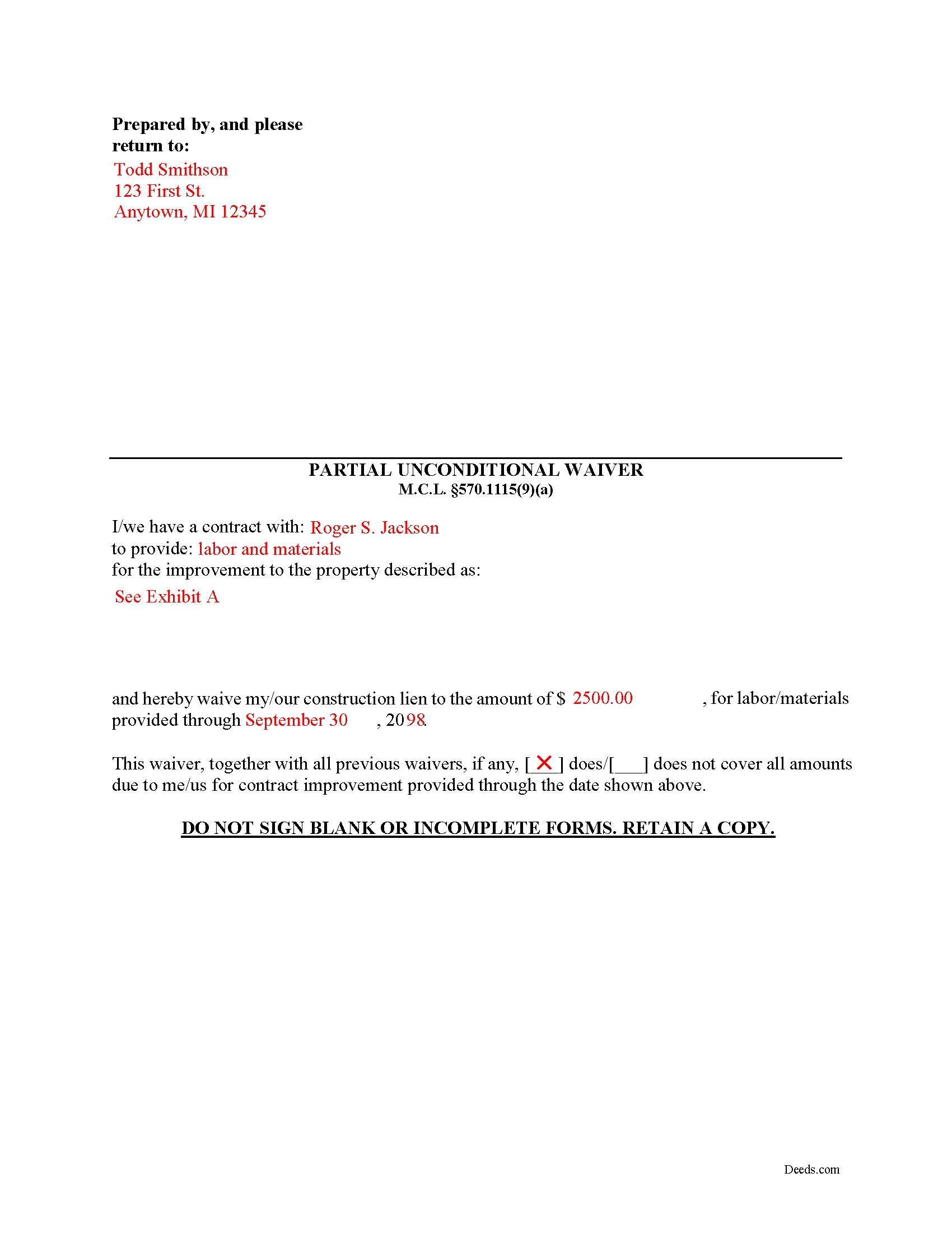 Newaygo County Completed Example of the Partial Unconditional Waiver of Lien Document