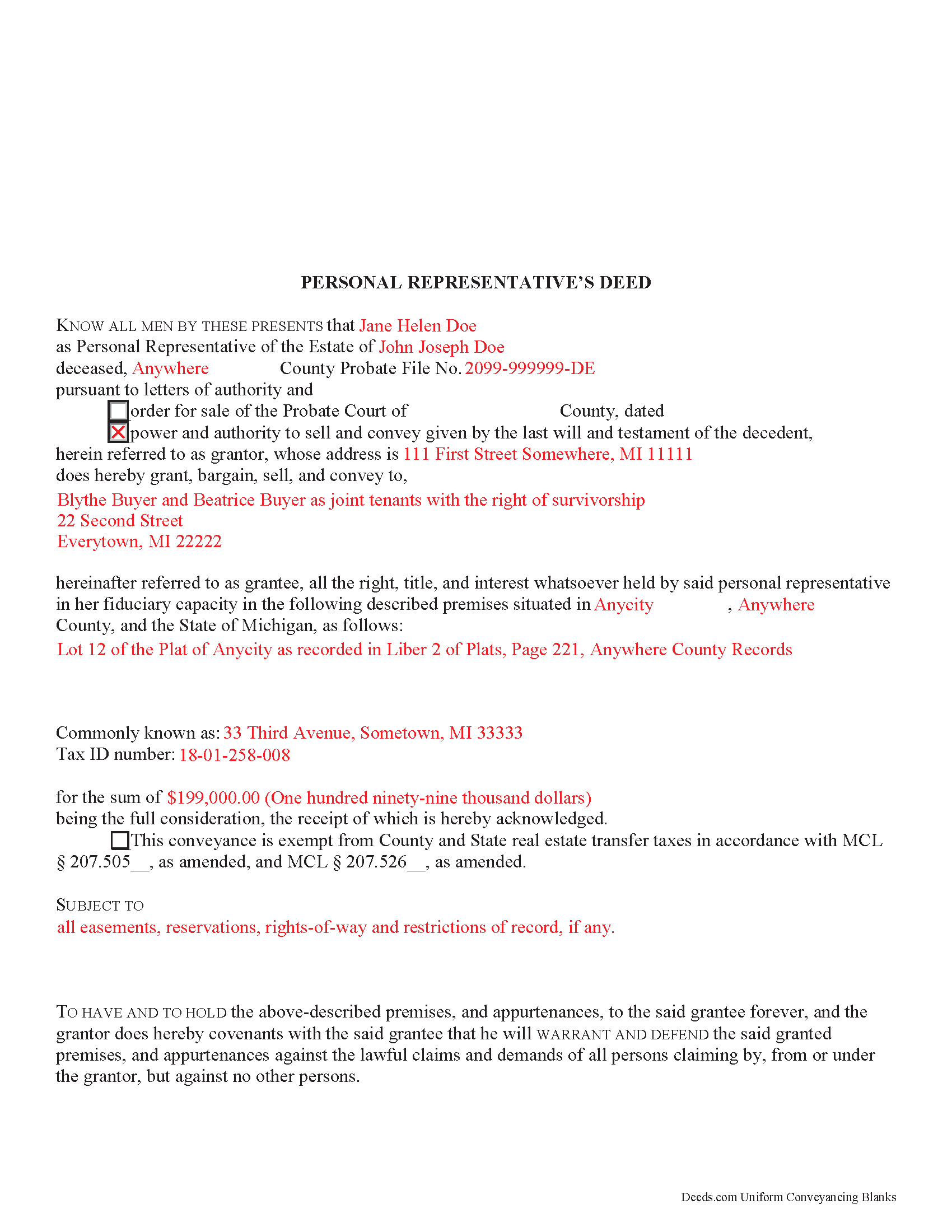 Delta County Completed Example of the Personal Representative Deed Document