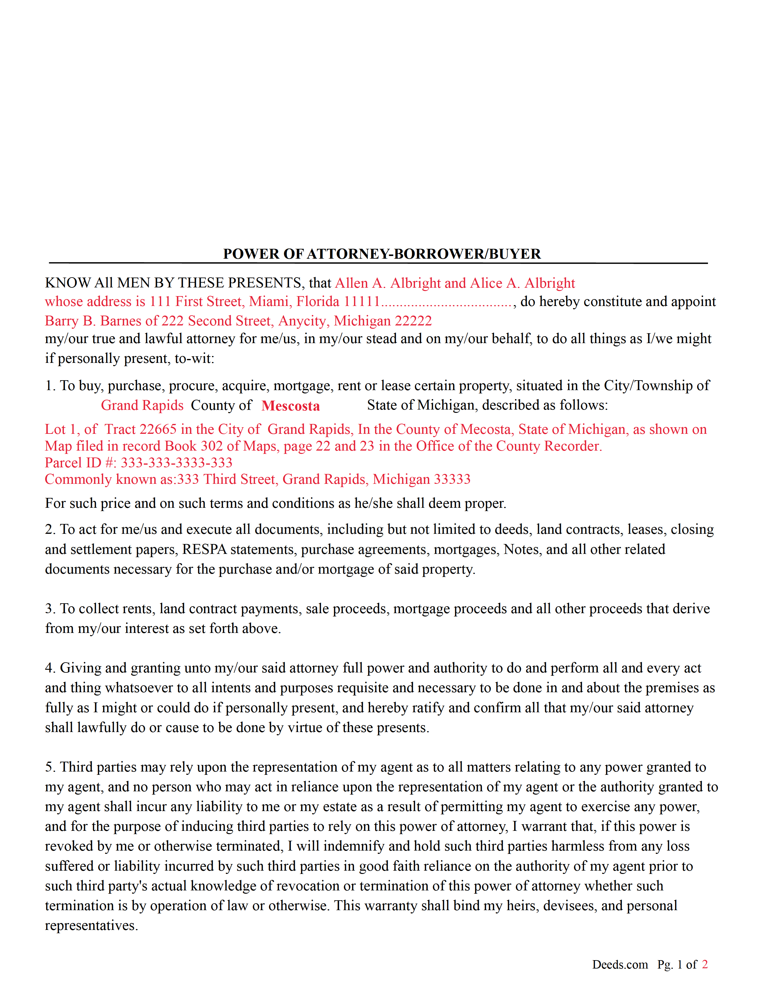 Newaygo County Completed Example of the Power of Attorney Document