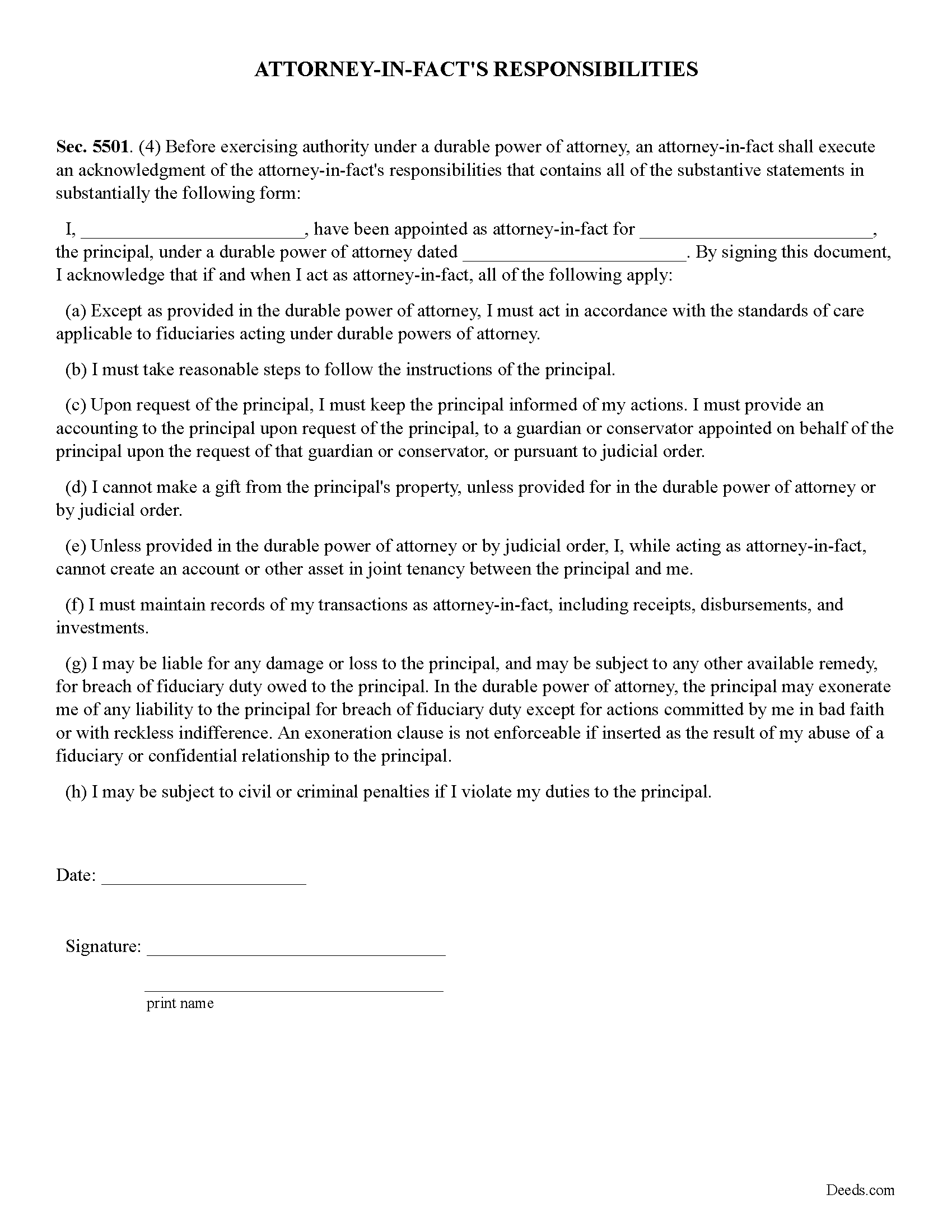 Attorney-in-Facts Responsibilities Form