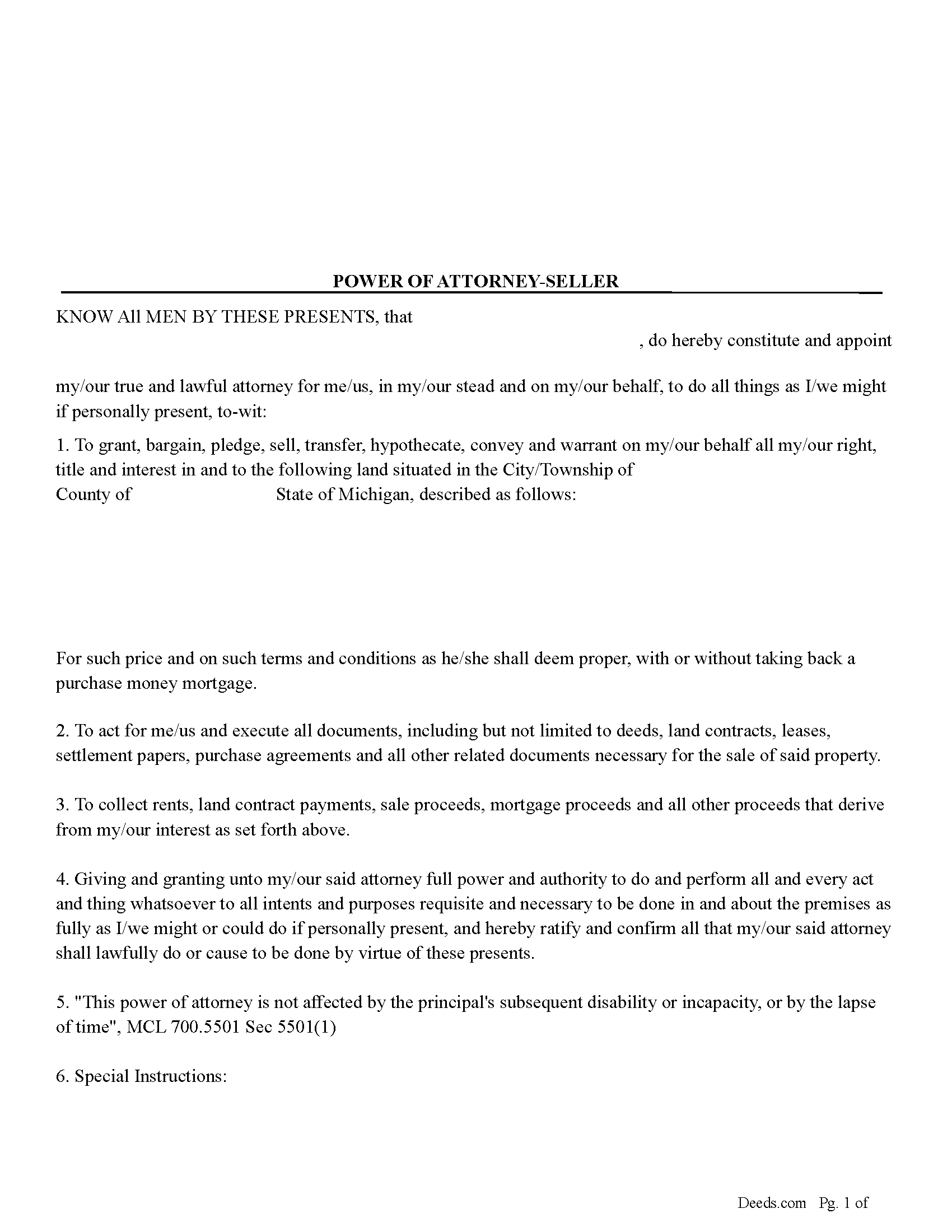 Newaygo County Power of Attorney-Seller Form