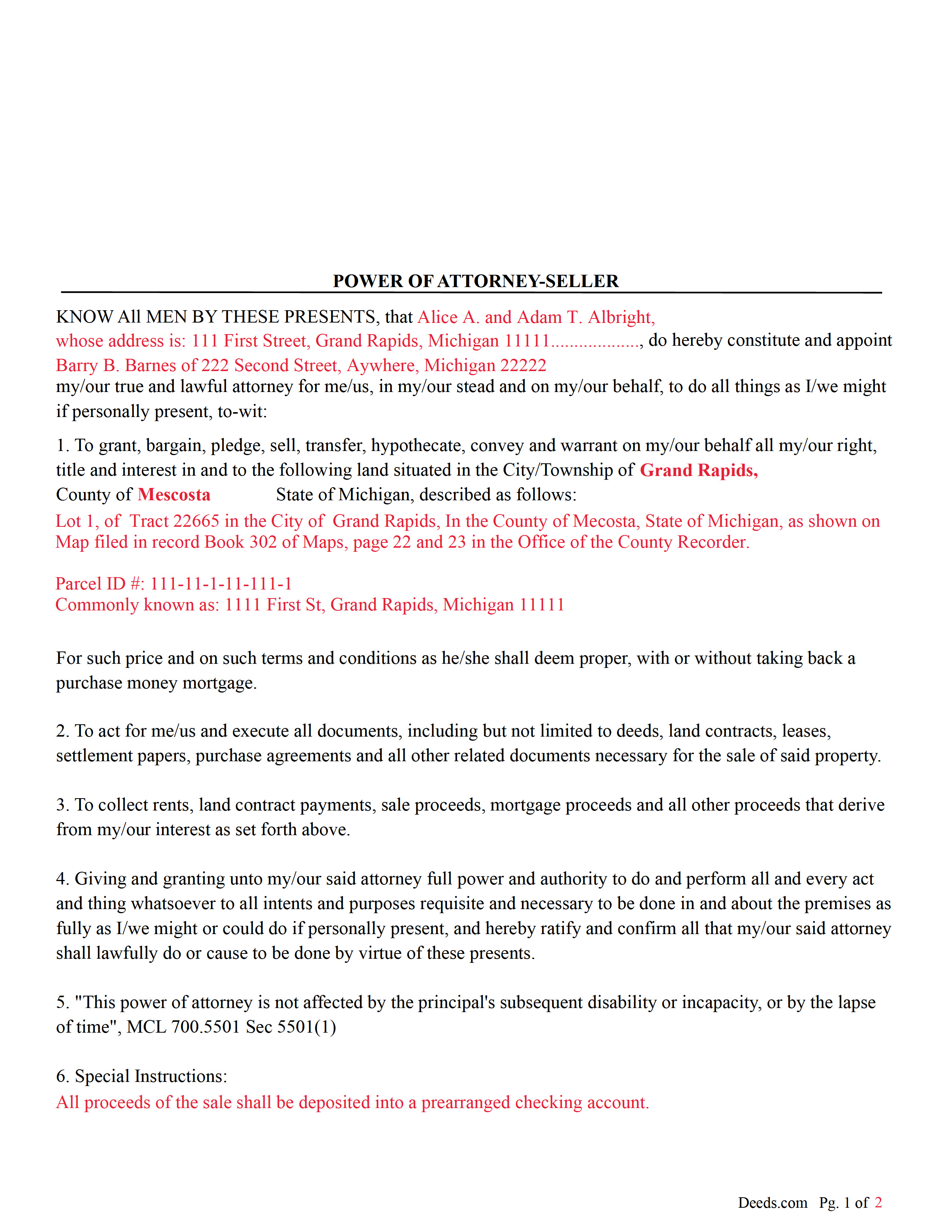 Newaygo County Completed Example of the Power of Attorney-Seller Document