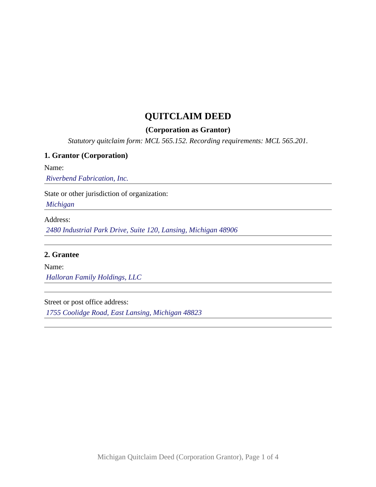 Chippewa County Completed Example of the Quitclaim Deed (Corporation Grantor) Document