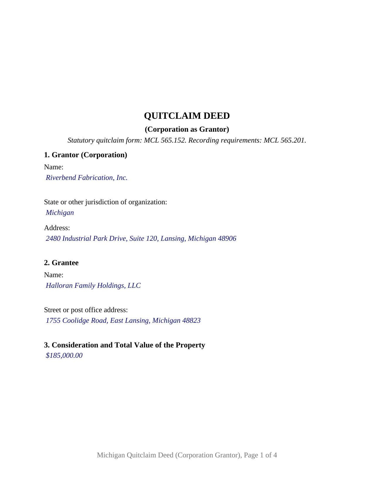 Barry County Completed Example of the Quitclaim Deed (Corporation Grantor) Document