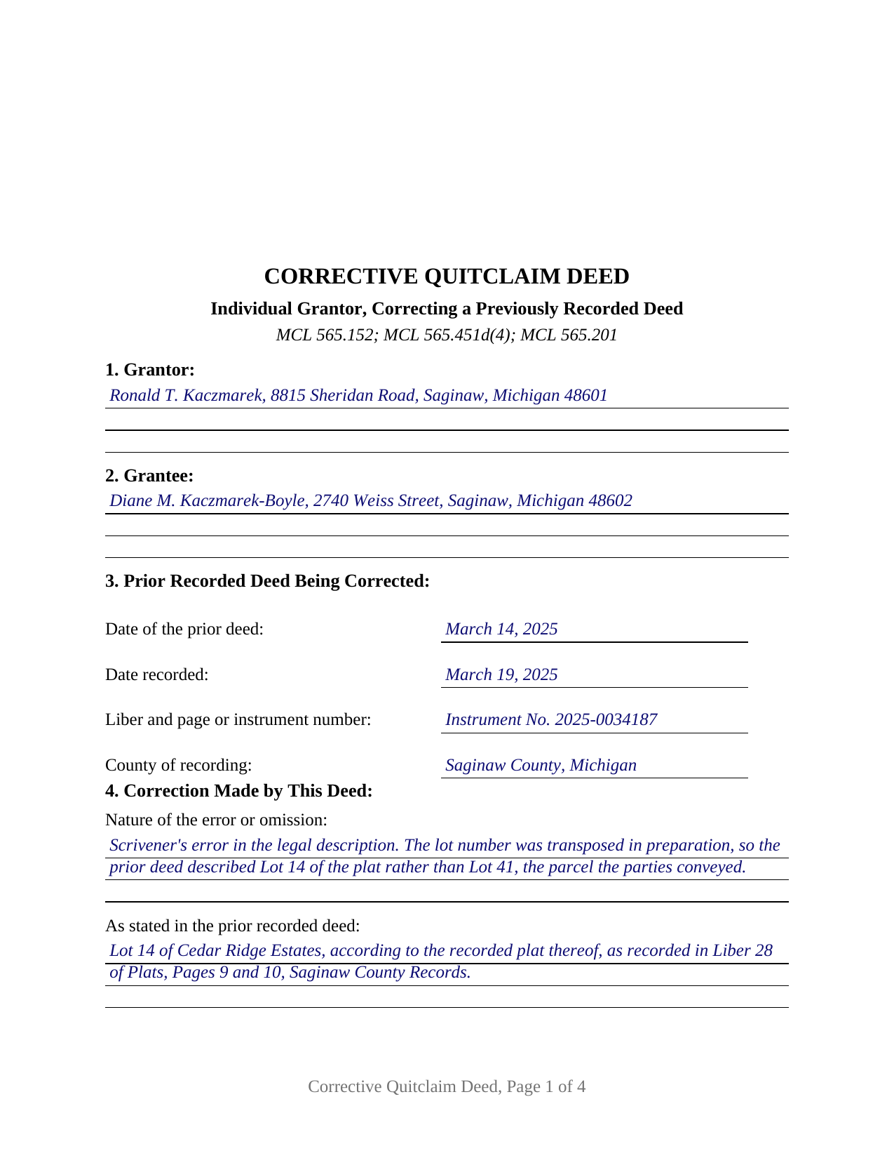Osceola County Completed Example of the Quitclaim Deed (Corrective) Document