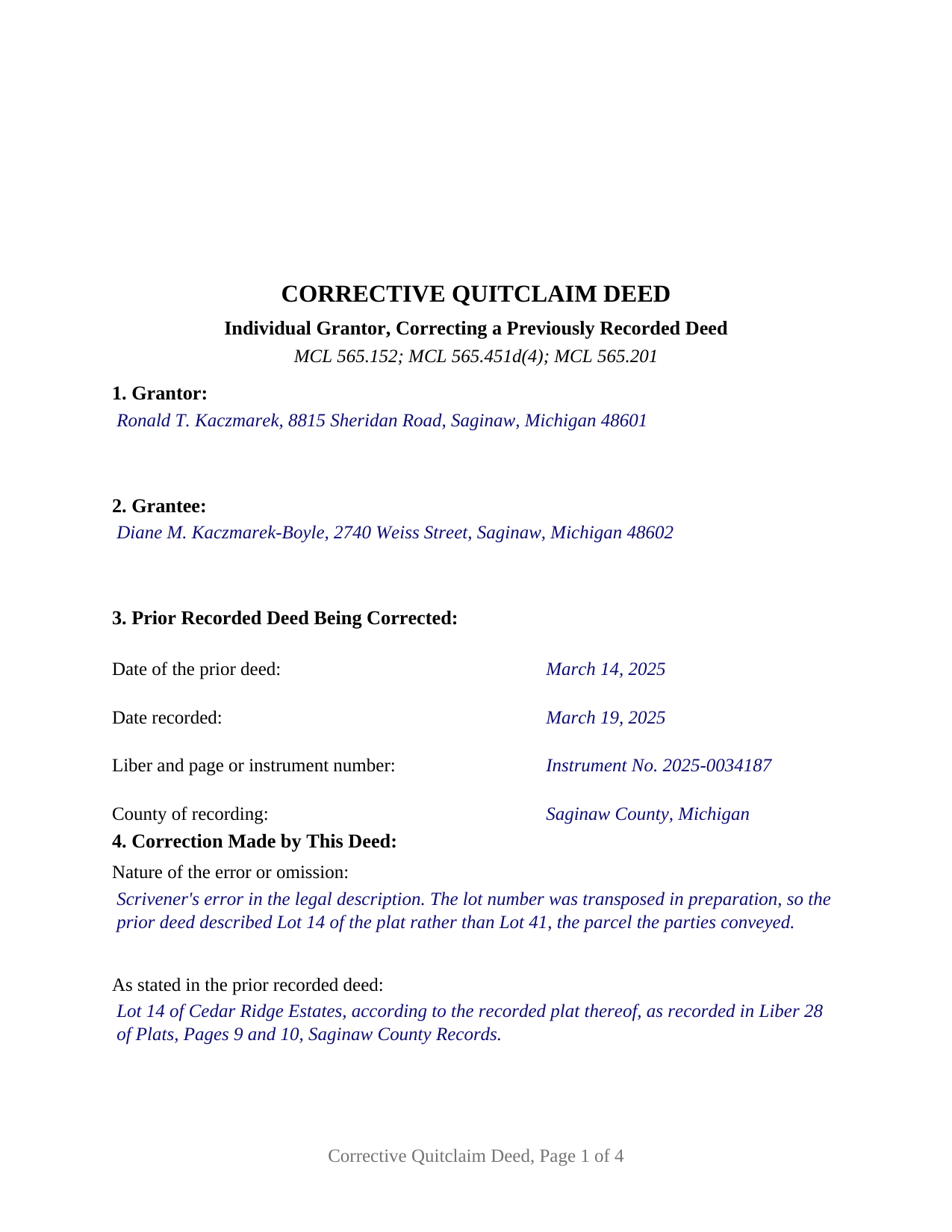Baraga County Completed Example of the Quitclaim Deed (Corrective) Document