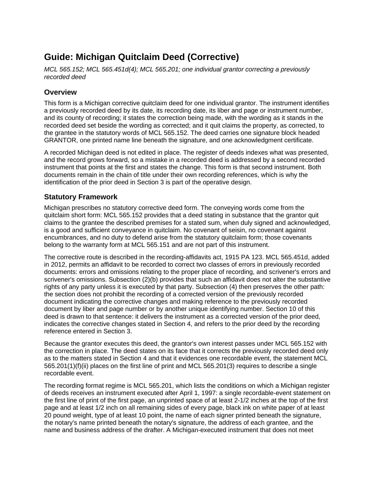 Baraga County Quitclaim Deed (Corrective) Guide