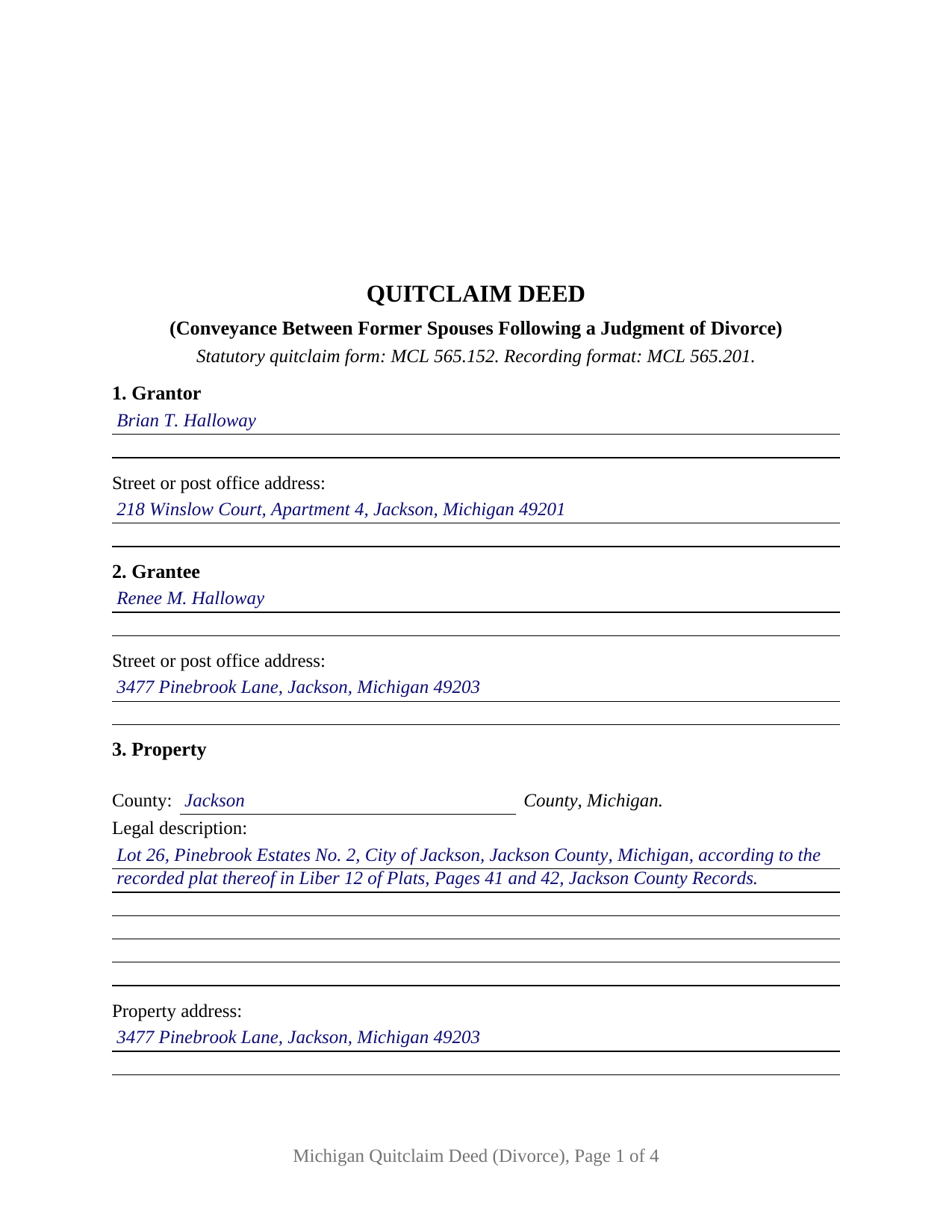 Ionia County Completed Example of the Quitclaim Deed (Divorce) Document