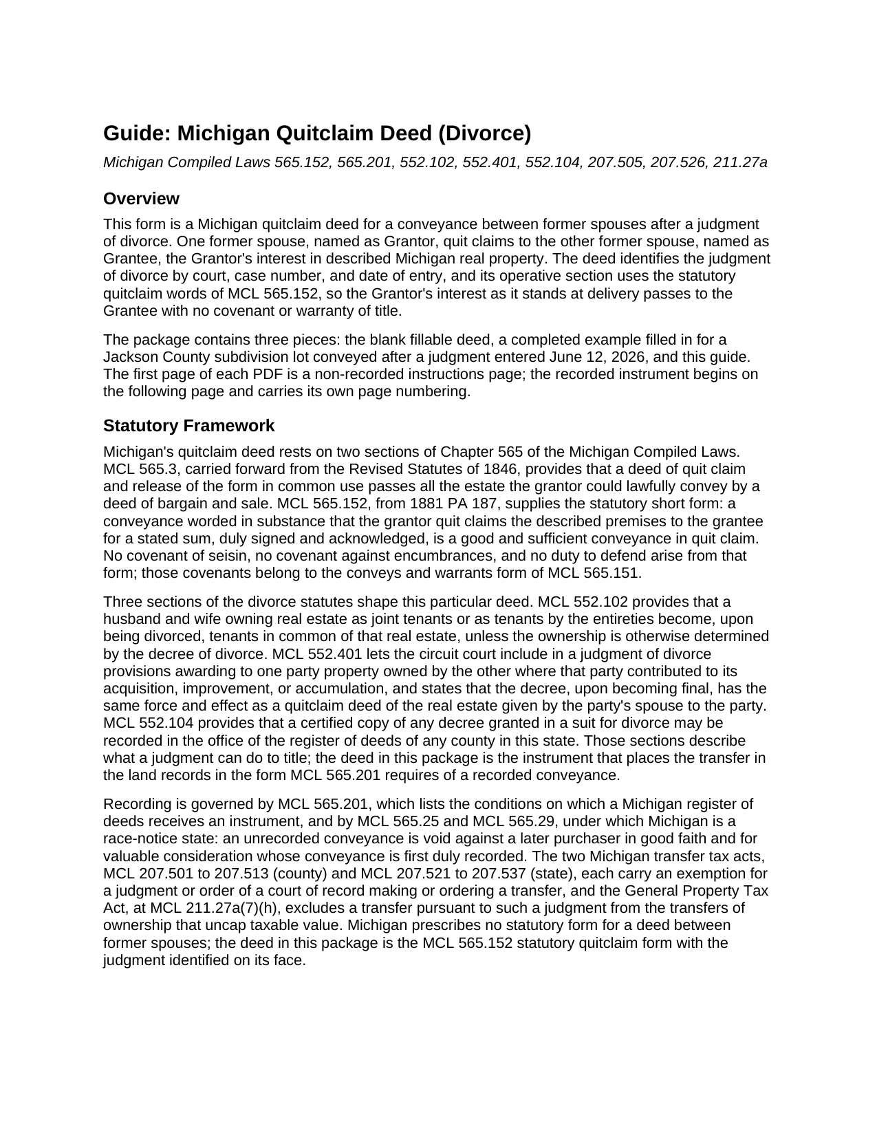 Antrim County Quitclaim Deed (Divorce) Guide