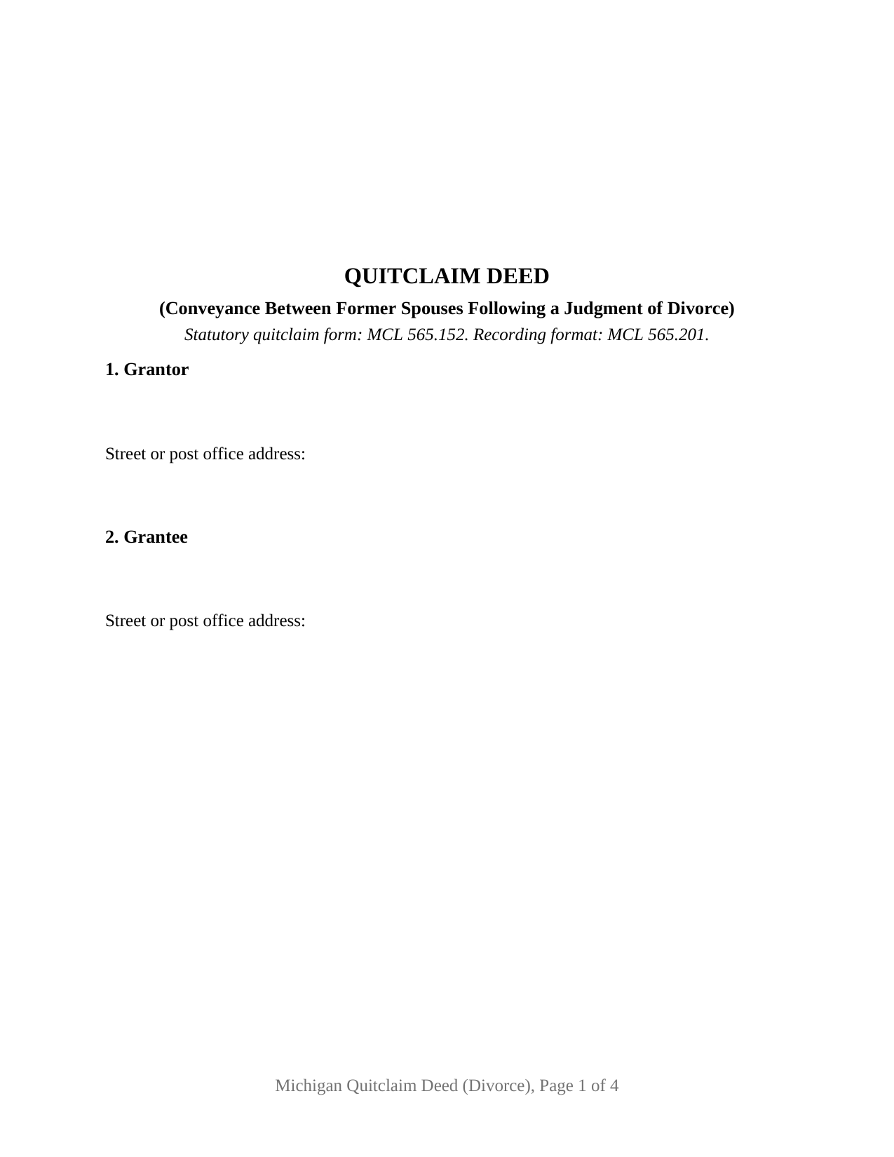 Antrim County Quitclaim Deed (Divorce) Form