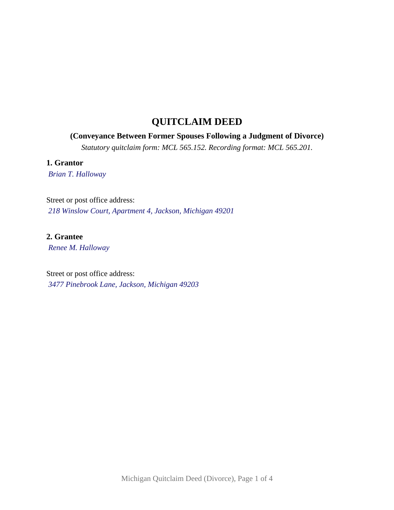 Antrim County Completed Example of the Quitclaim Deed (Divorce) Document
