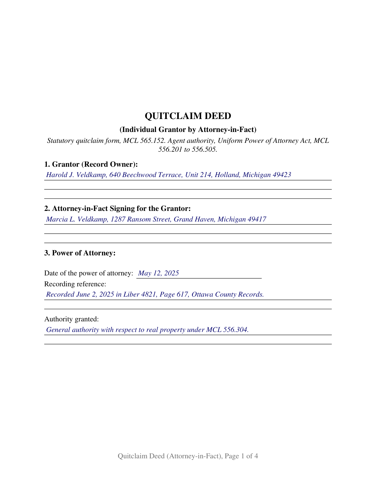 Huron County Completed Example of the Quitclaim Deed (Individual Grantor by Attorney-in-Fact) Document