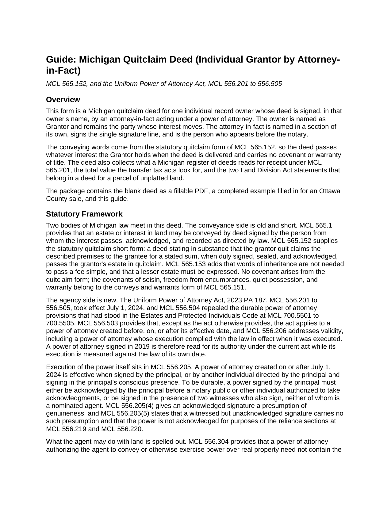 Huron County Quitclaim Deed (Individual Grantor by Attorney-in-Fact) Guide
