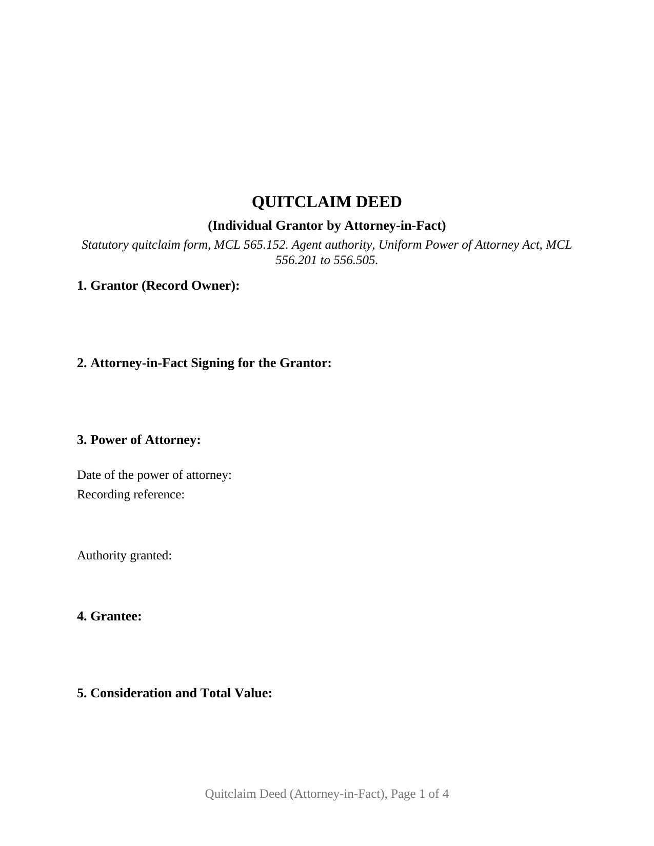 Luce County Quitclaim Deed (Individual Grantor by Attorney-in-Fact) Form