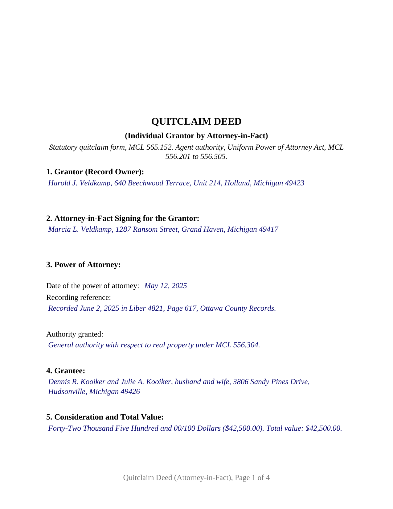 Luce County Completed Example of the Quitclaim Deed (Individual Grantor by Attorney-in-Fact) Document