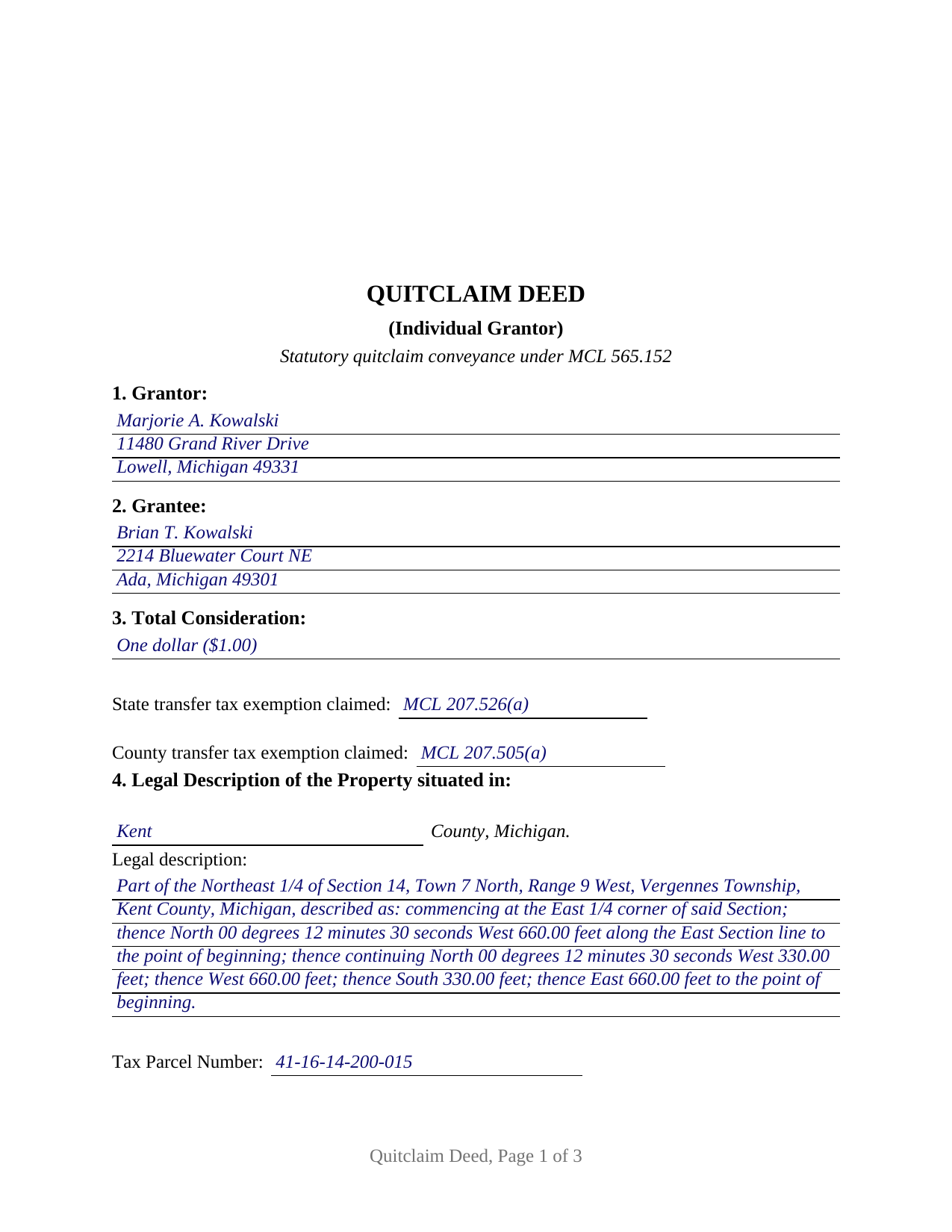 Macomb County Completed Example of the Quitclaim Deed (Individual Grantor) Document