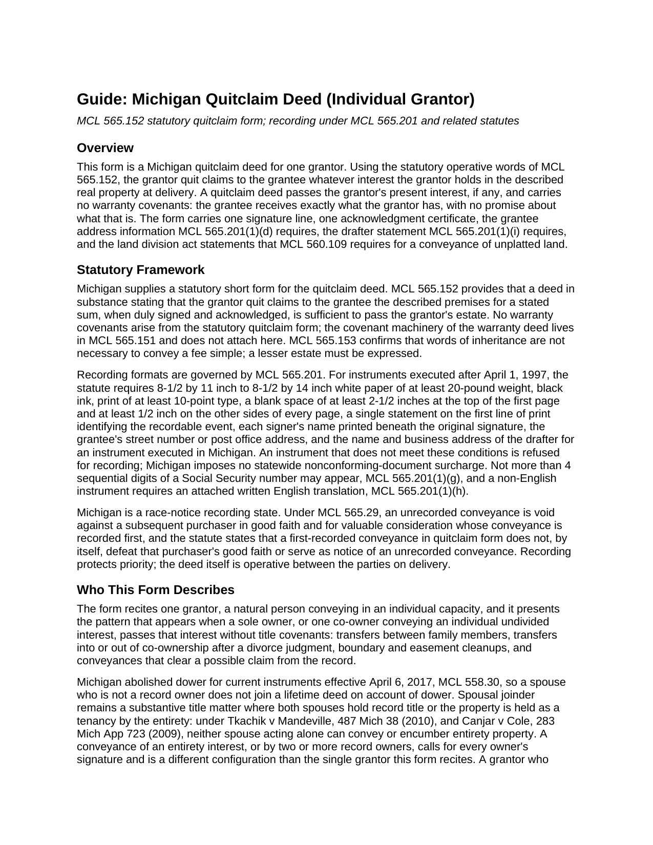 Macomb County Quitclaim Deed (Individual Grantor) Guide