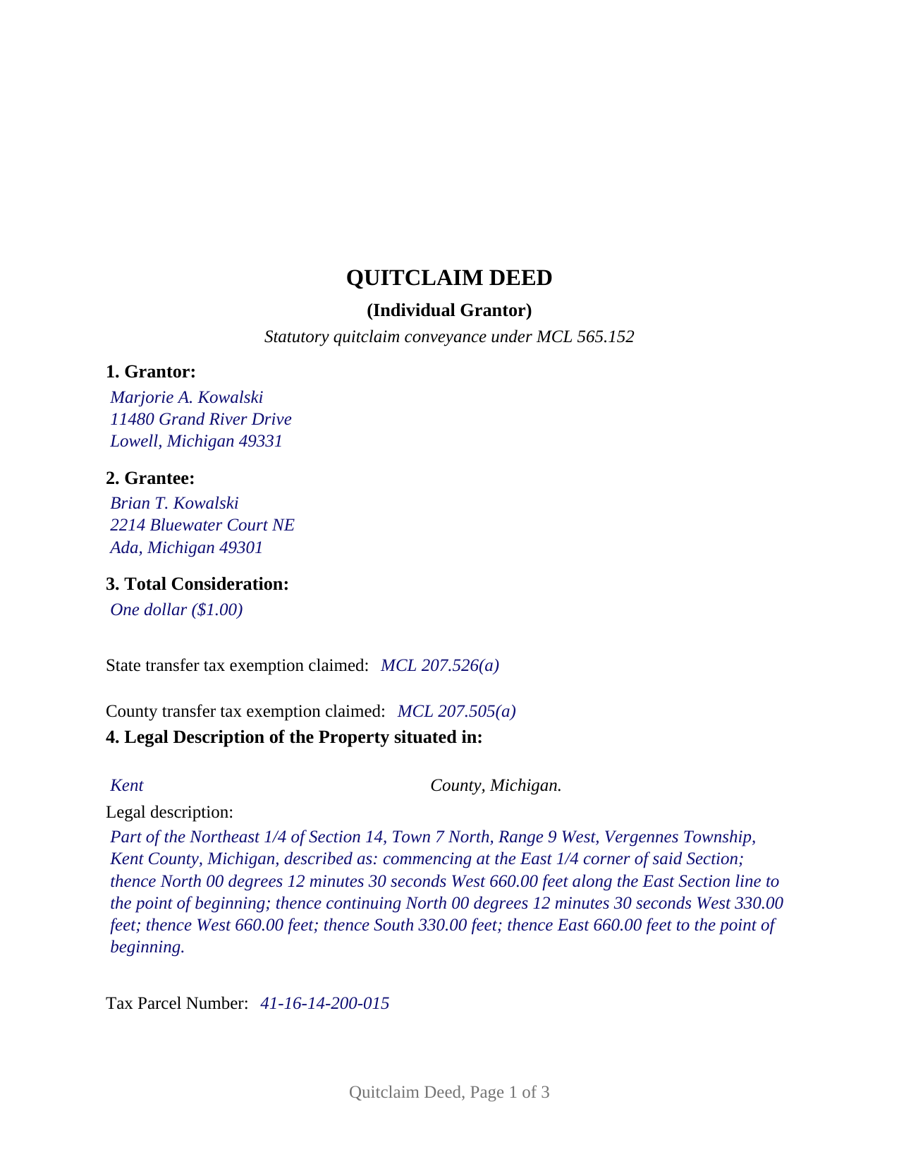 Charlevoix County Completed Example of the Quitclaim Deed (Individual Grantor) Document