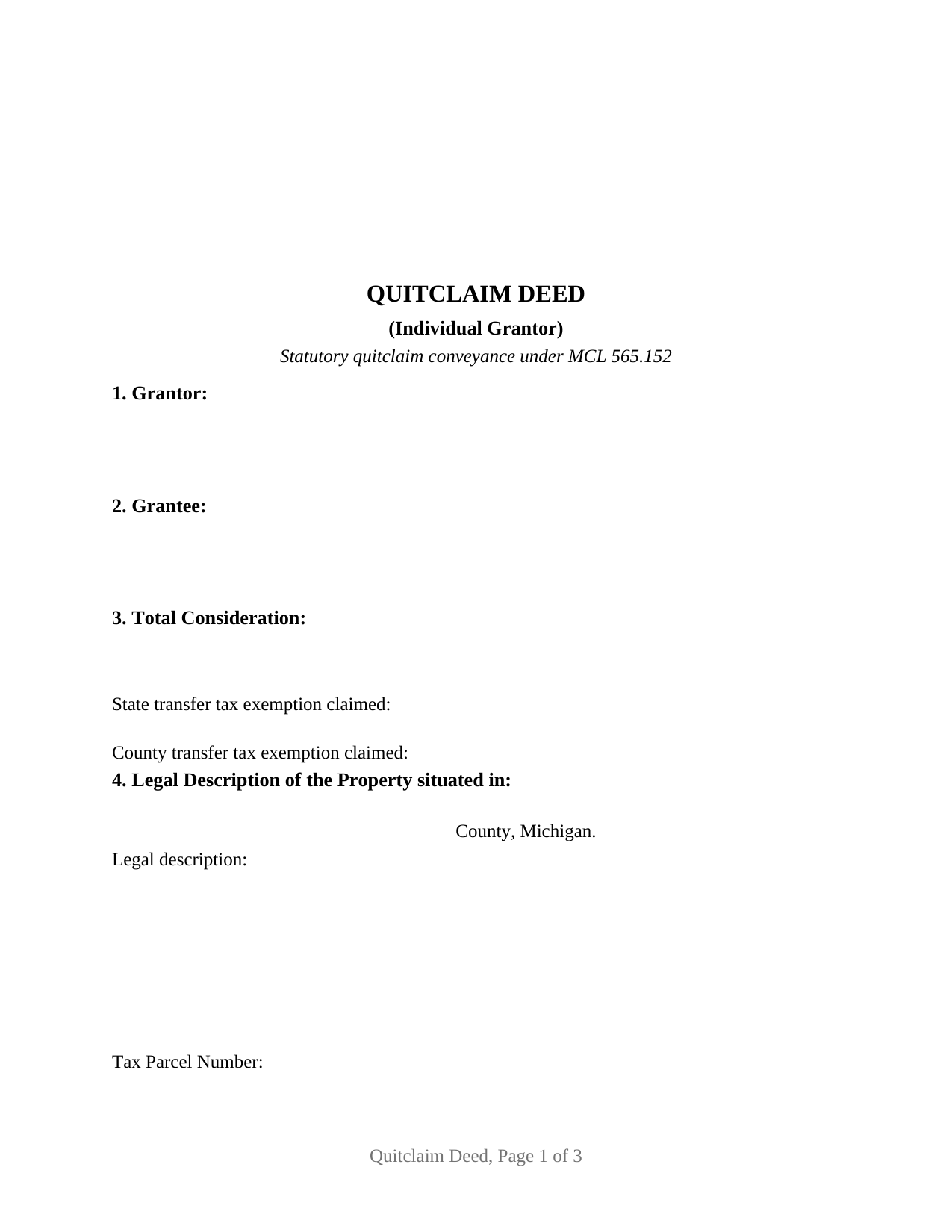 Charlevoix County Quitclaim Deed (Individual Grantor) Form