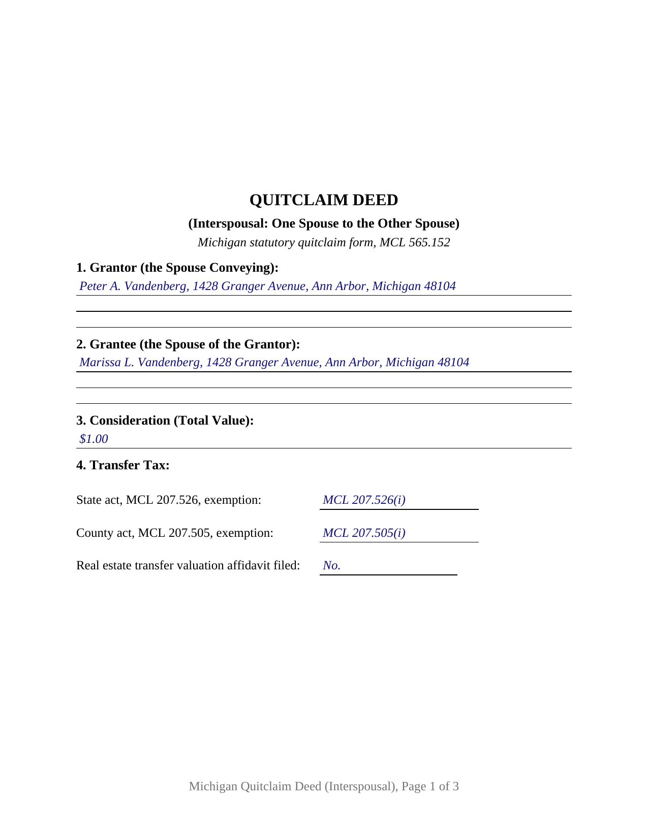 Cheboygan County Completed Example of the Quitclaim Deed (Interspousal) Document