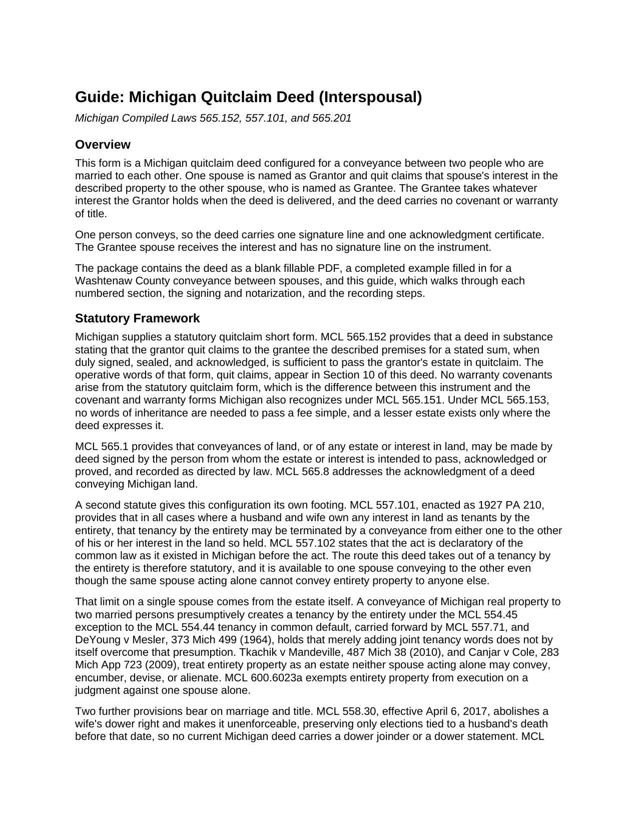 Cheboygan County Quitclaim Deed (Interspousal) Guide