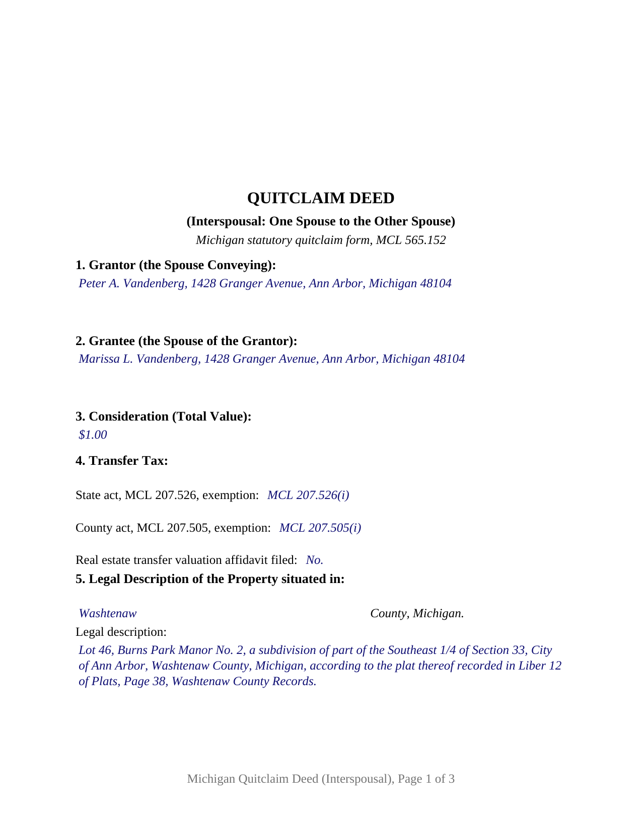 Wayne County Completed Example of the Quitclaim Deed (Interspousal) Document