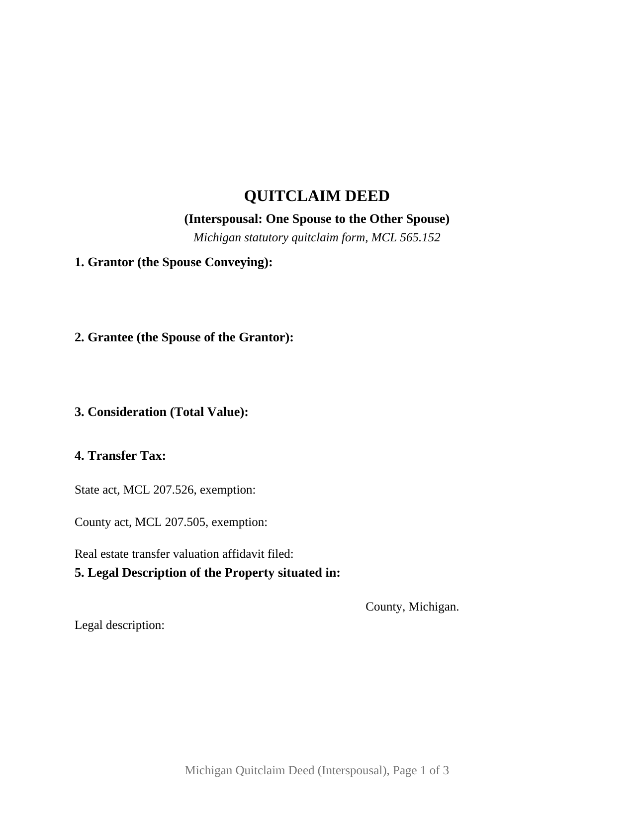 Wayne County Quitclaim Deed (Interspousal) Form